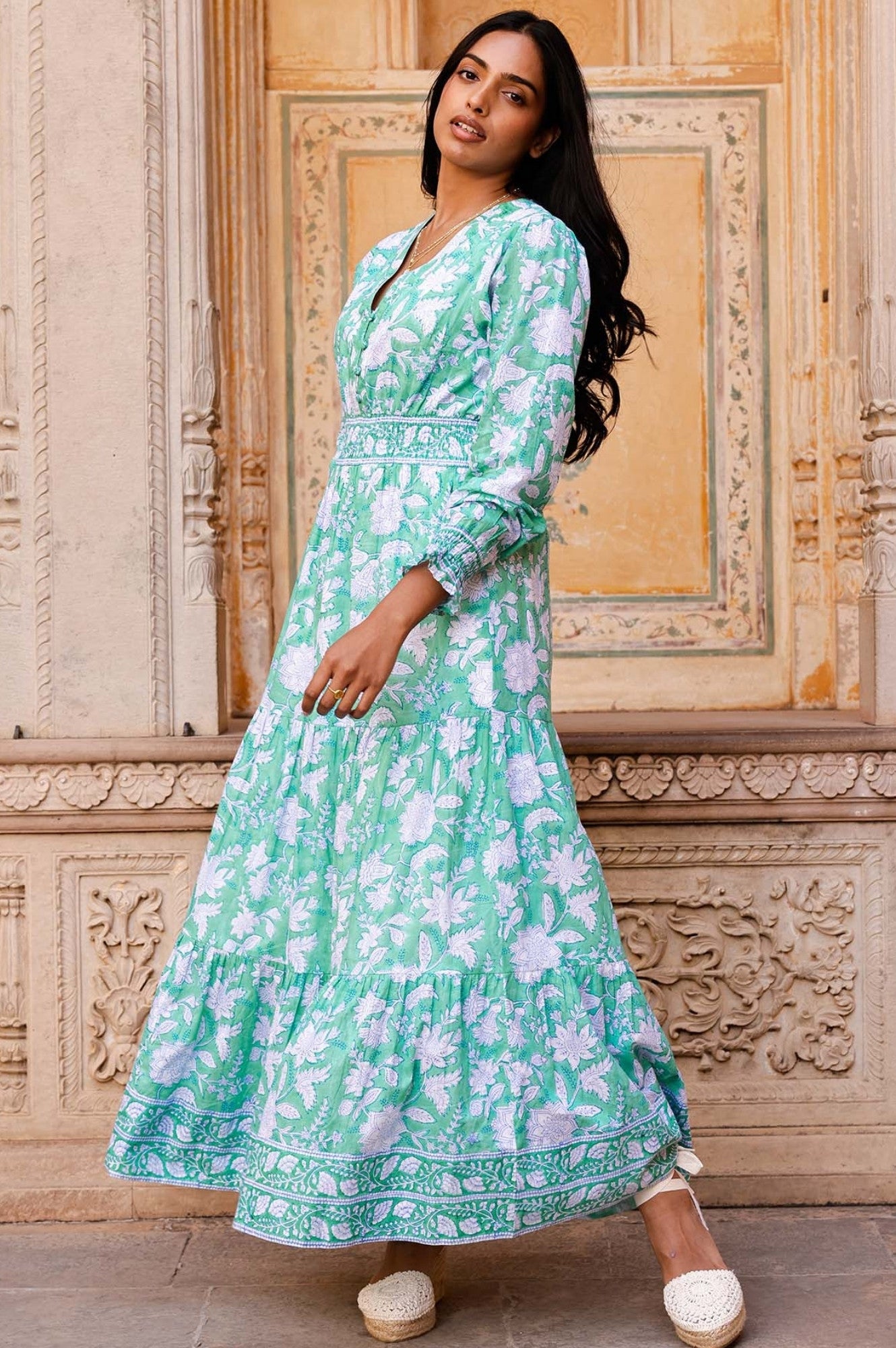 Billie Organic Cotton Block Print Dress | Lotus Green/Blue