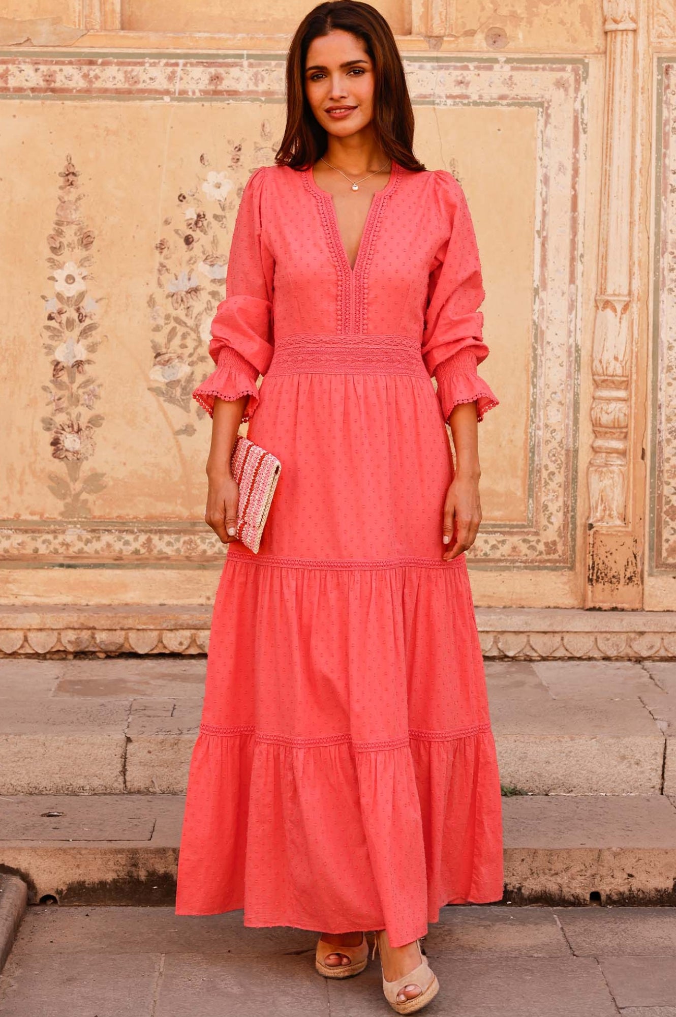 Purdie Organic Cotton Dobby Dress | Coral