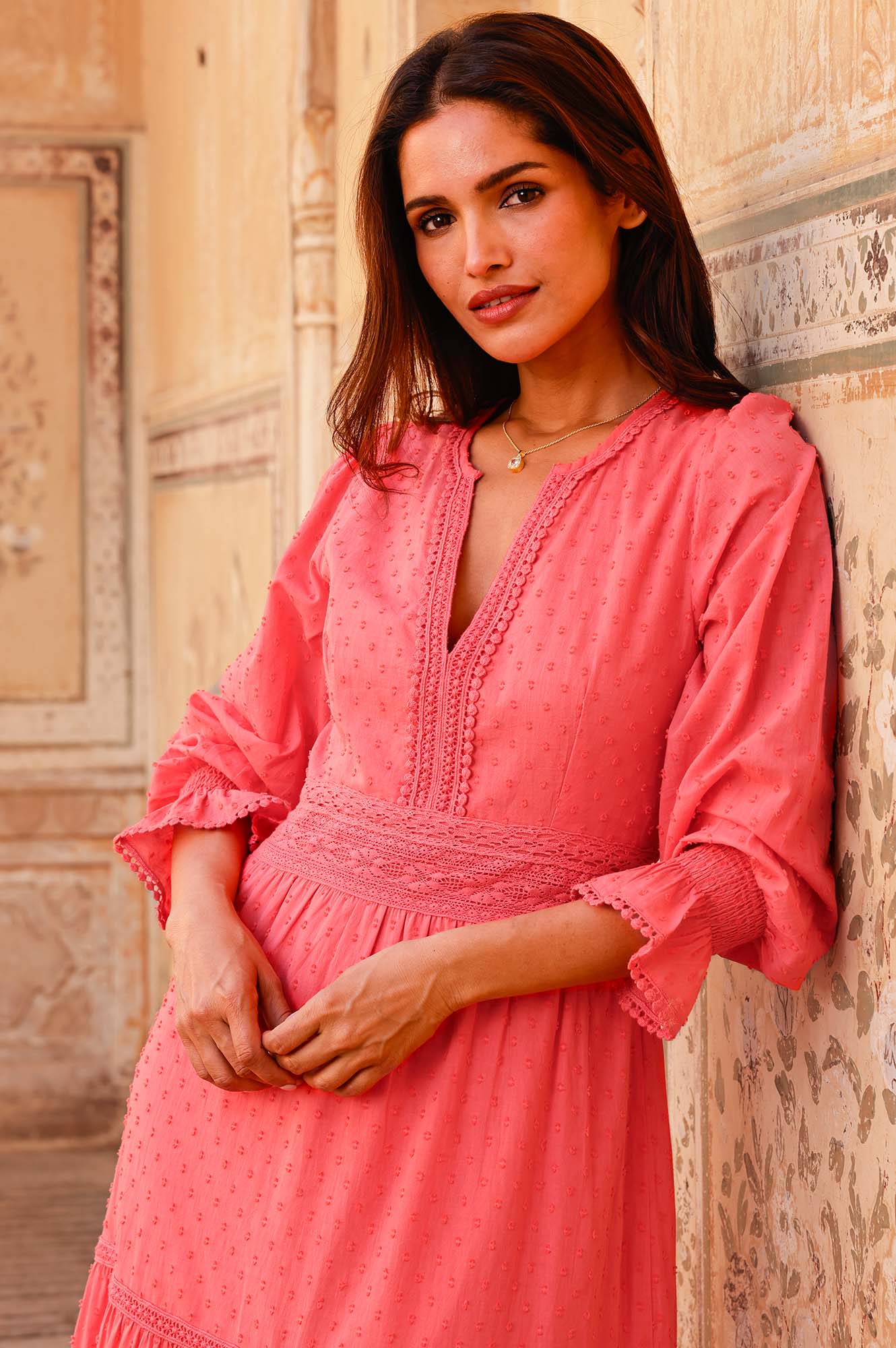 Purdie Organic Cotton Dobby Dress | Coral
