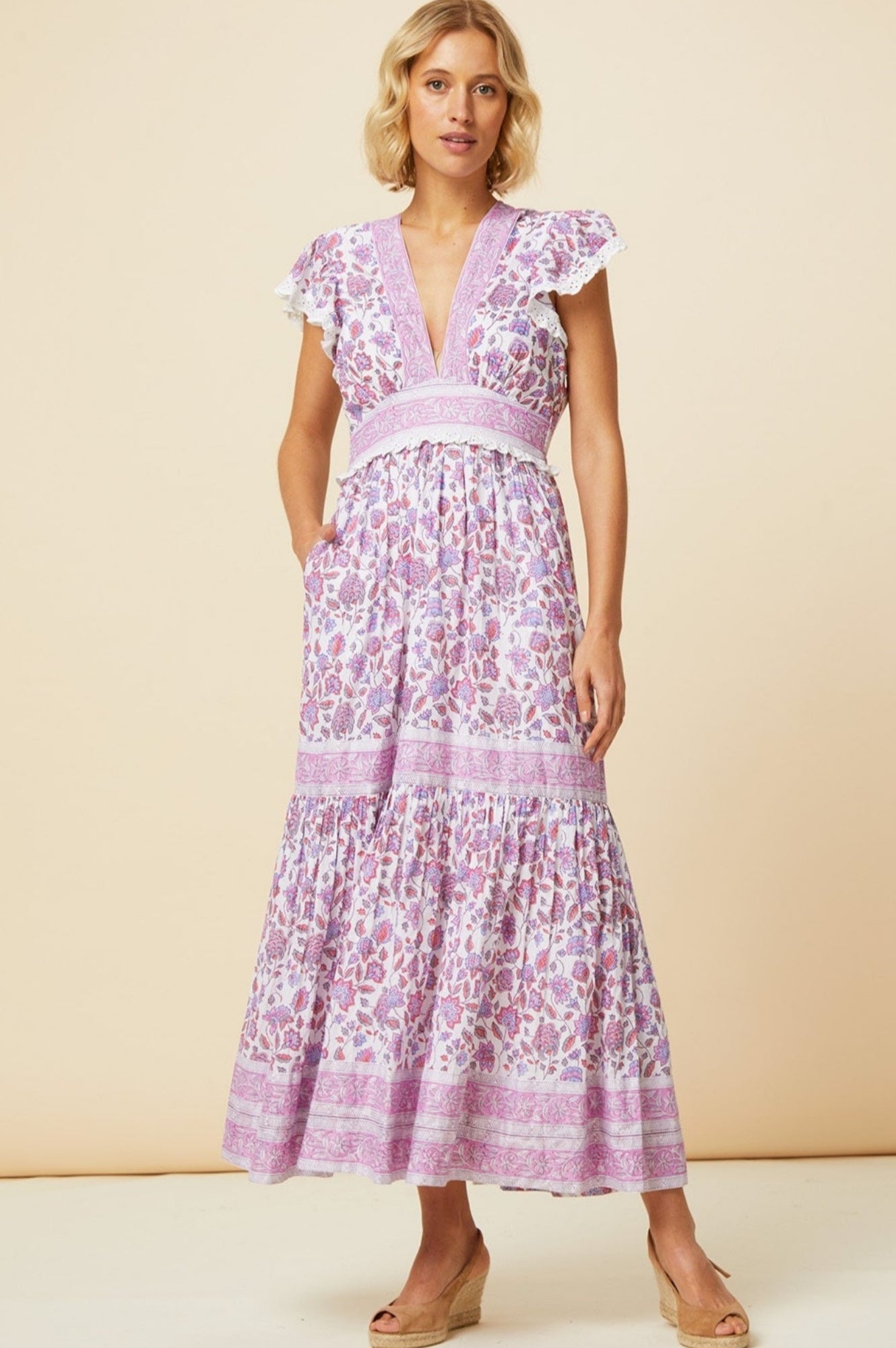 Pippa Block Print Dress | Garden Jaal Pink/White