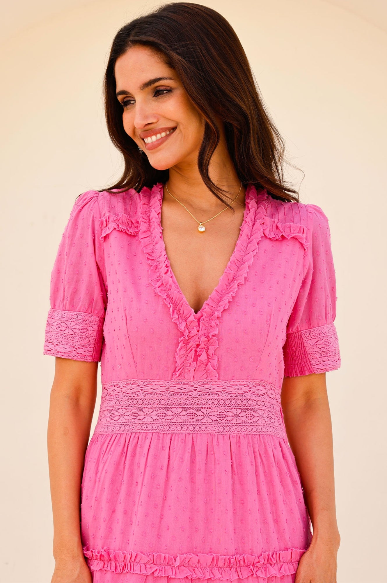 Viola Short Sleeve Organic Cotton Dobby Dress | Bright Pink