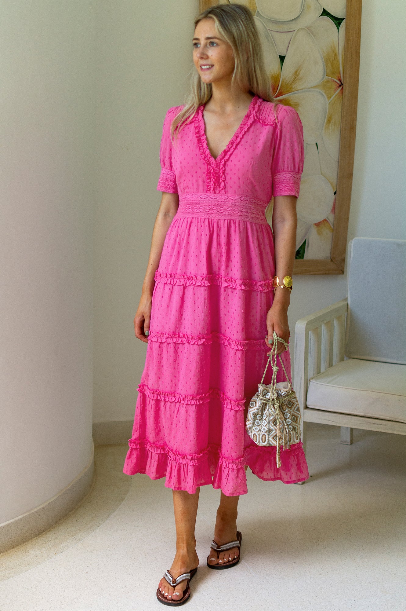 Viola Short Sleeve Organic Cotton Dobby Dress | Bright Pink