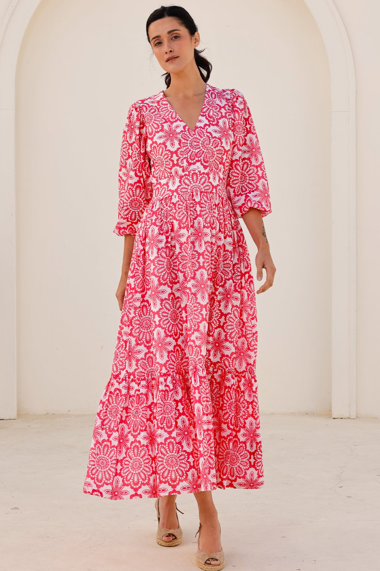 Annie Maxi Organic Cotton Dress | Lace Floral White/Pink