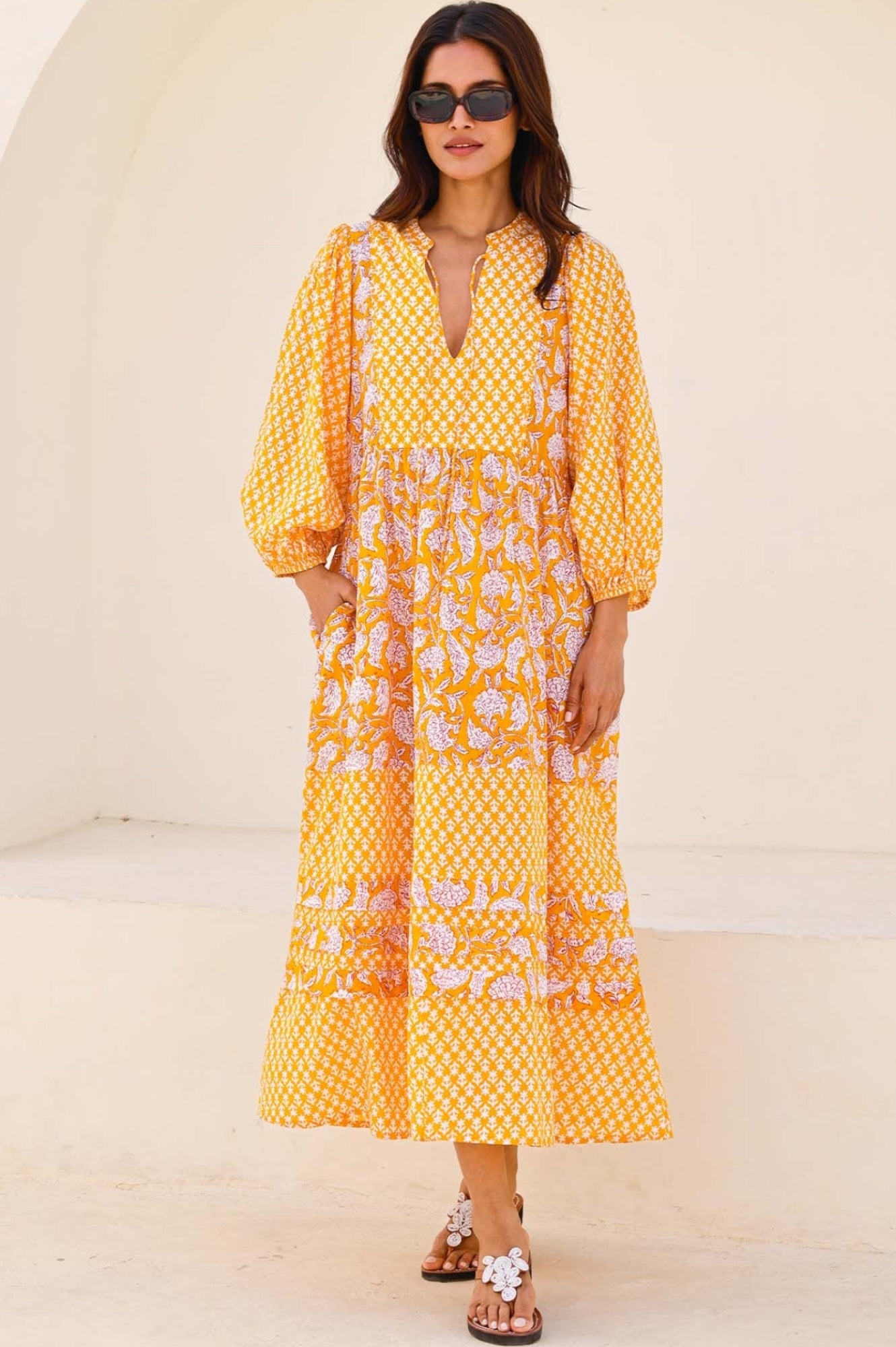 Martha Organic Cotton Mix Print Dress | Dianthus Print Yellow/White