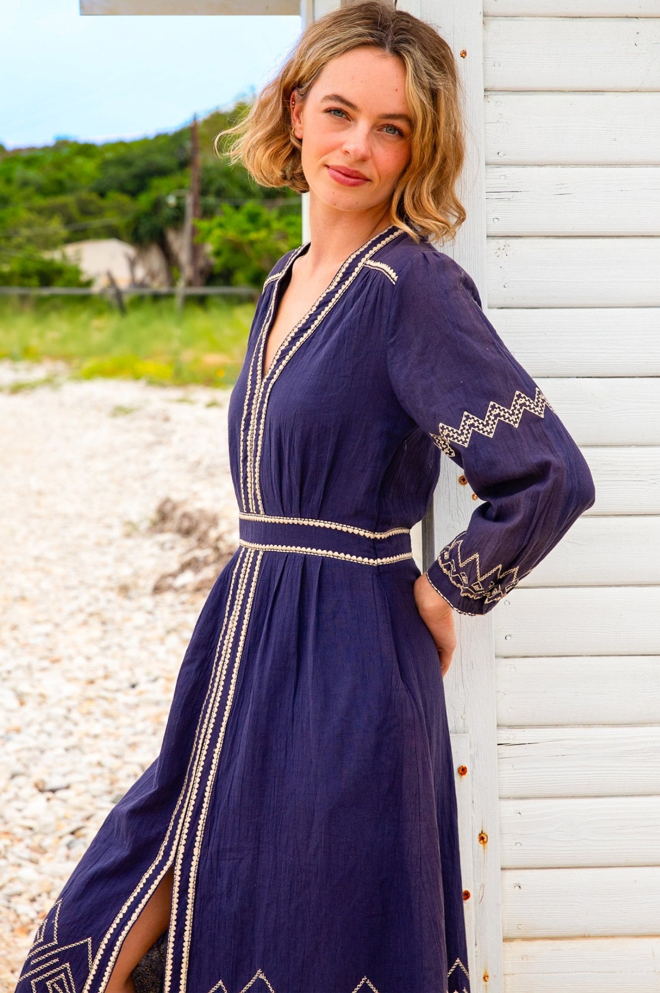 Jamila Embroidered Dress | Navy/Gold