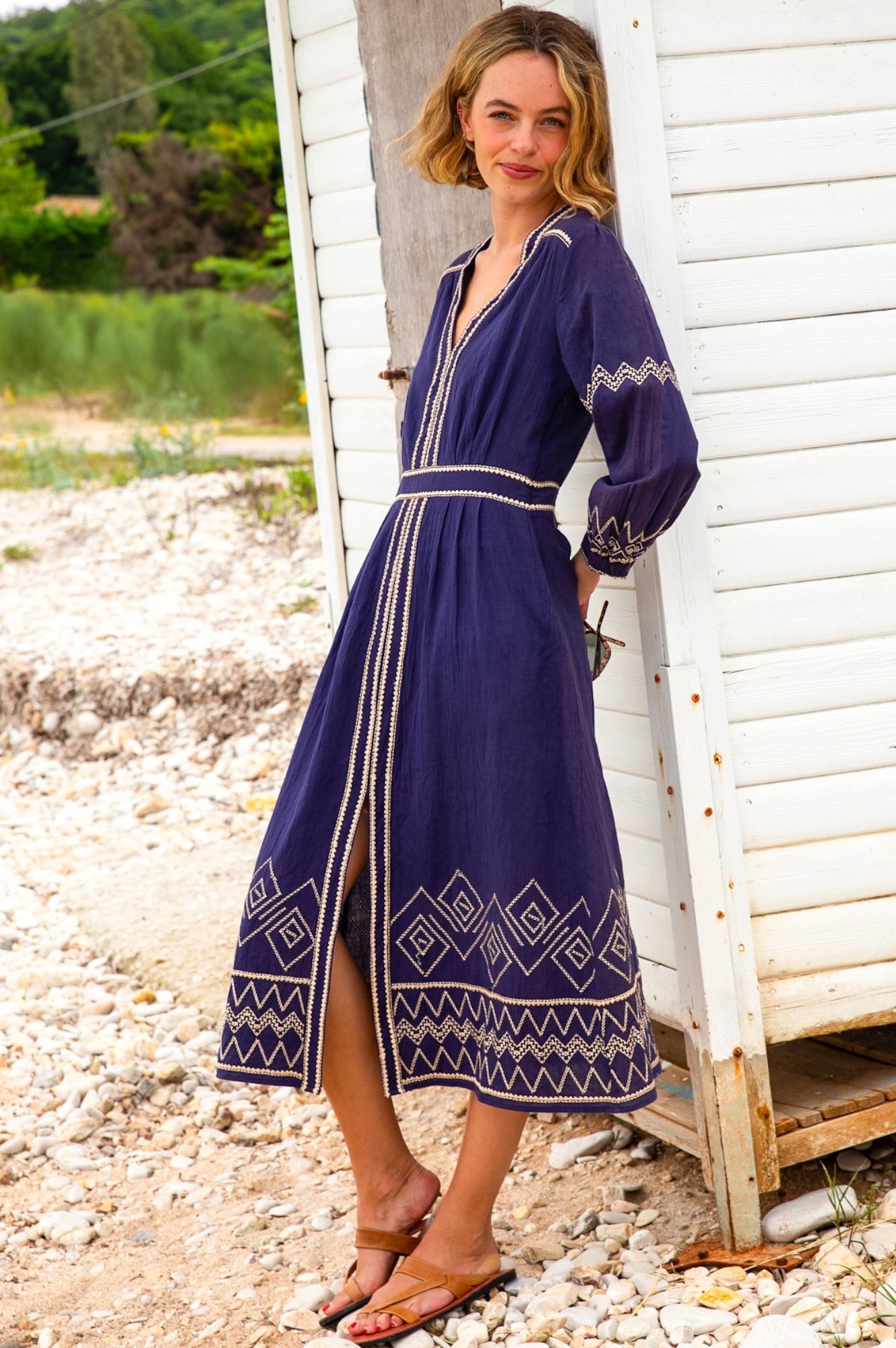 Jamila Embroidered Dress | Navy/Gold