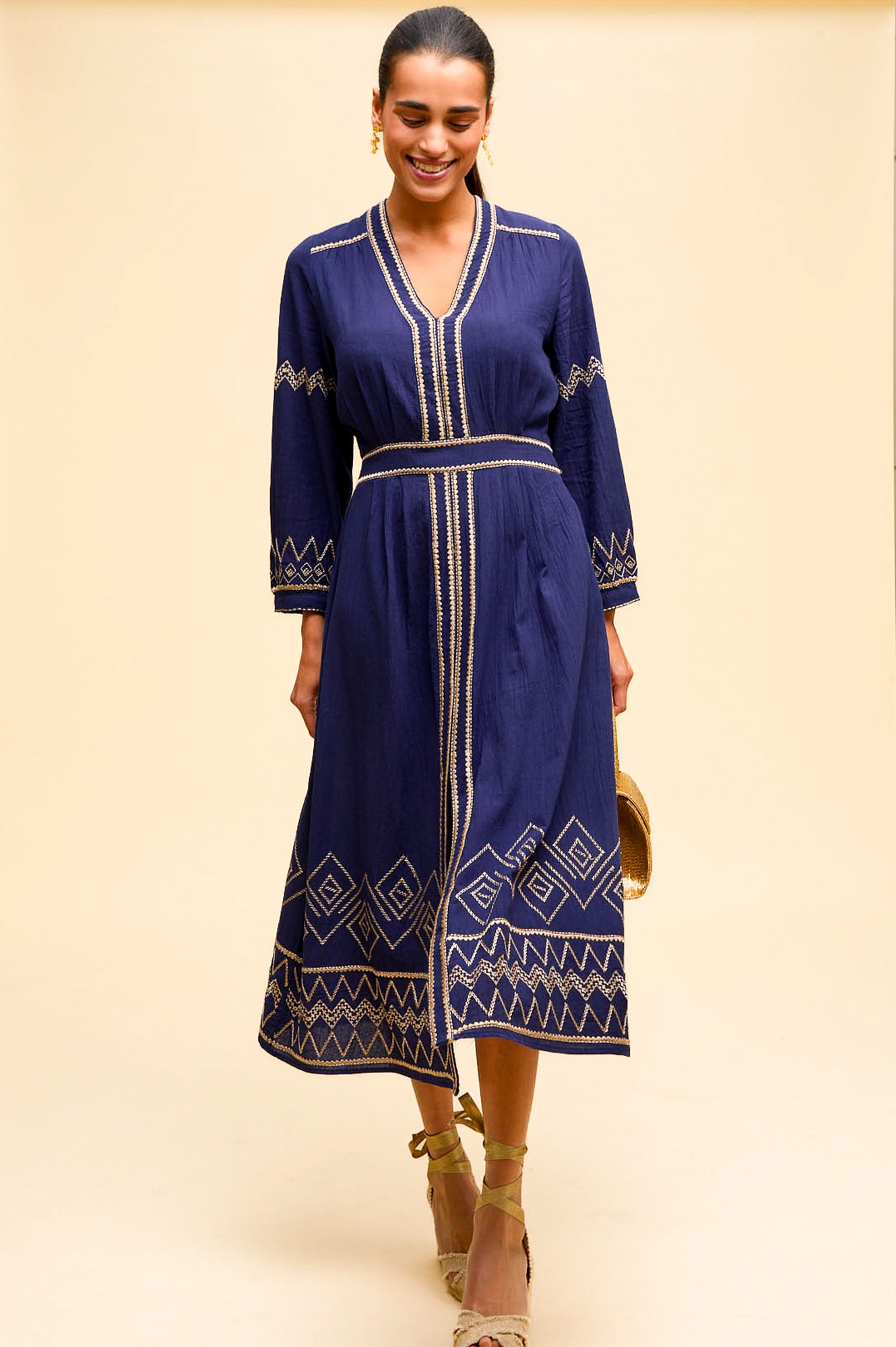 Jamila Embroidered Dress | Navy/Gold