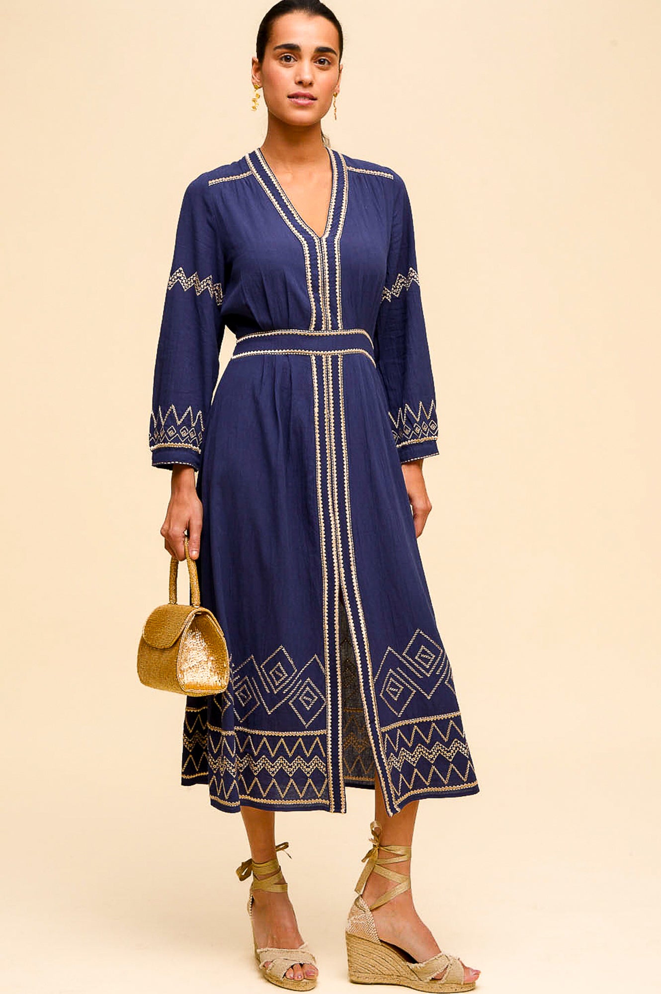 Jamila Embroidered Dress | Navy/Gold
