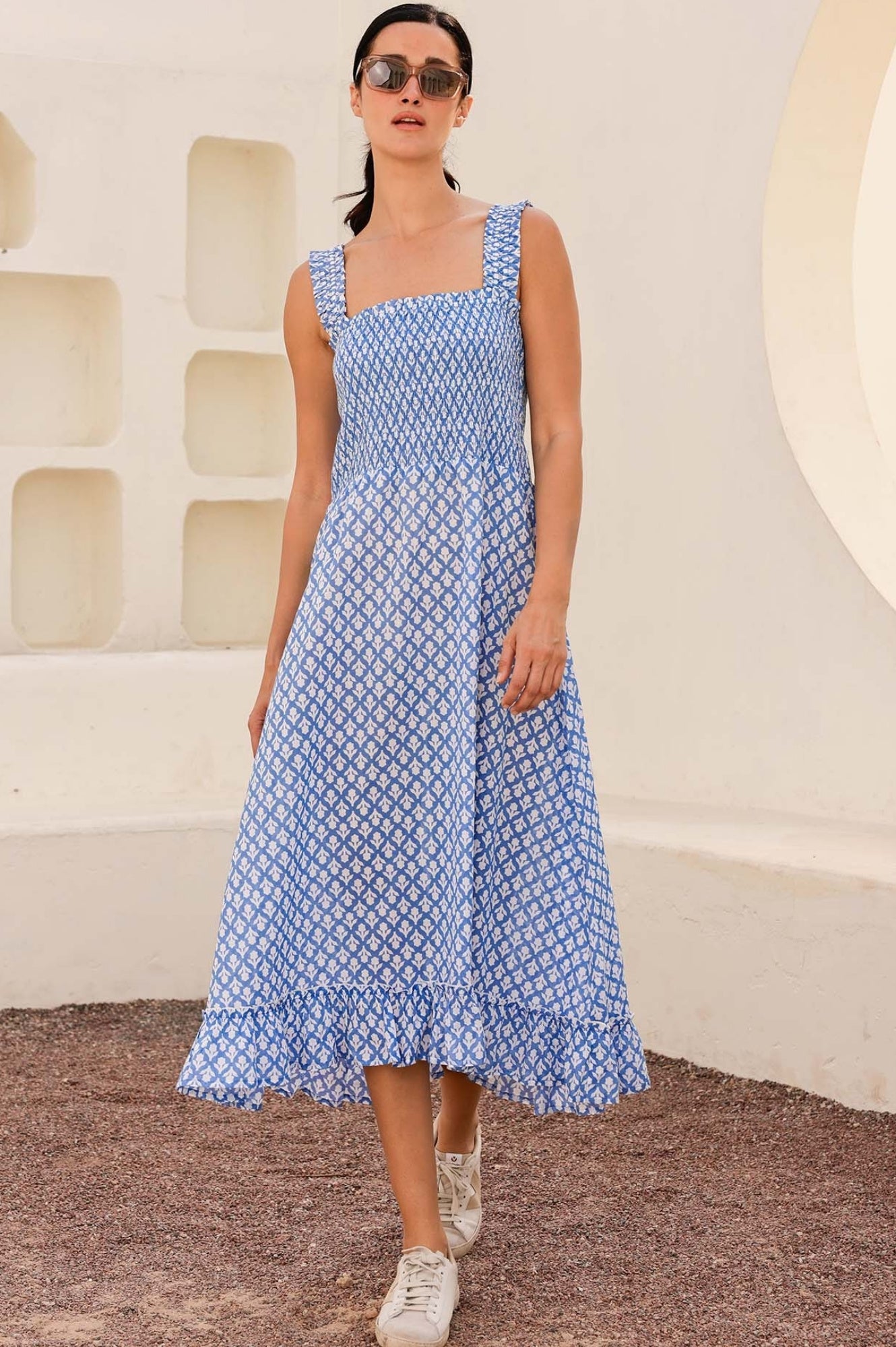 Rhianna Organic Cotton Dress | Flower Stamp Cornflower/White