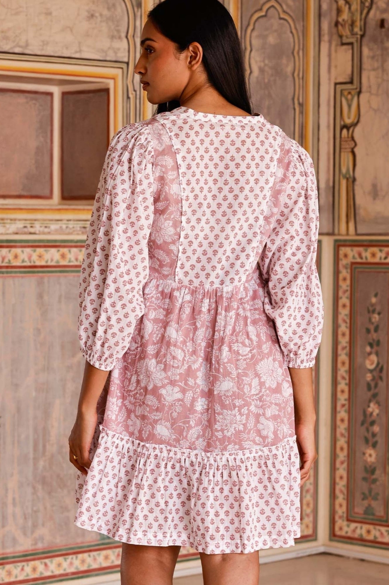 Marina Organic Cotton Print Mix Dress | Blossom Print Dusty Pink/White