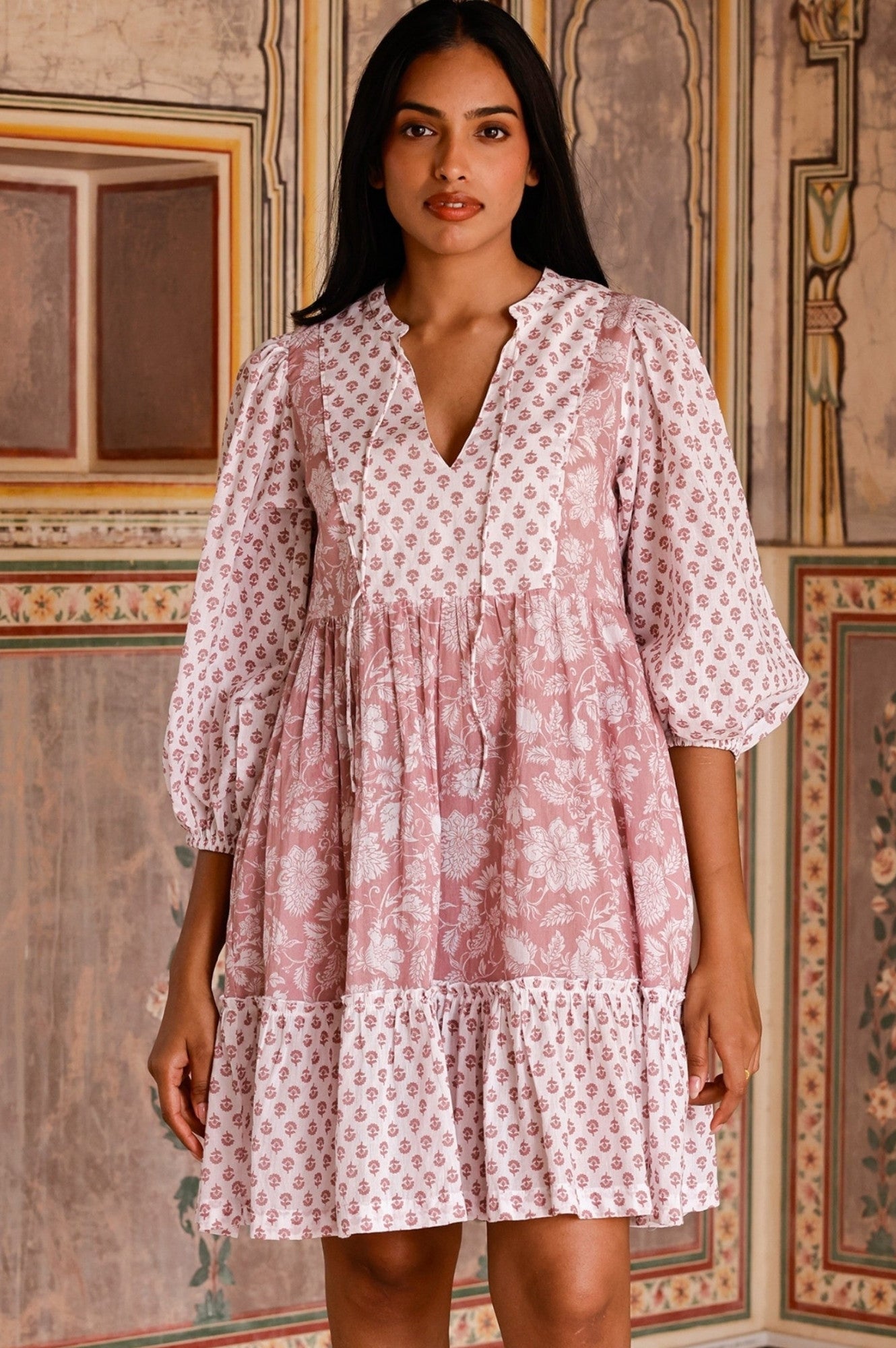 Marina Organic Cotton Print Mix Dress | Blossom Print Dusty Pink/White