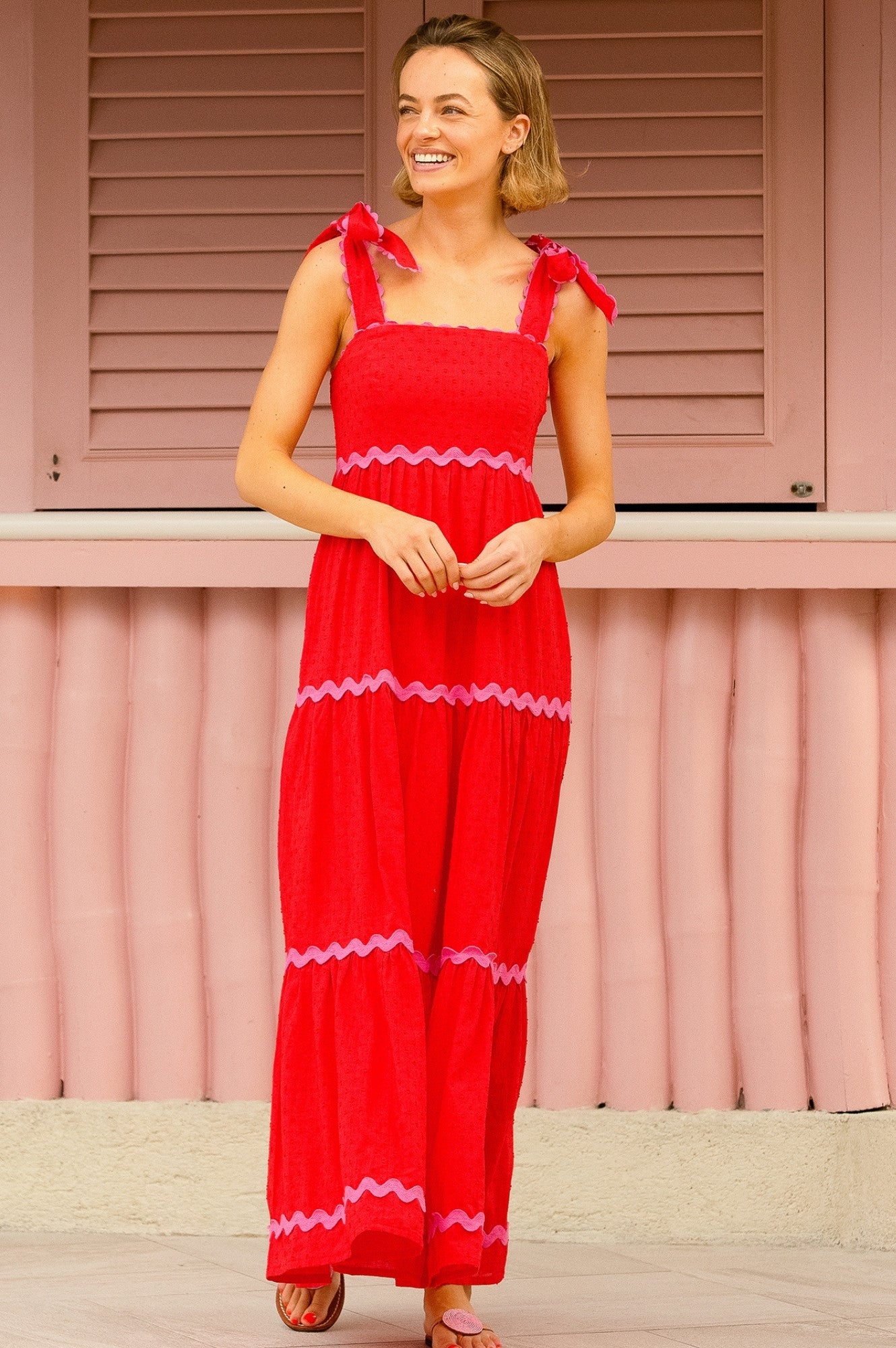 Tabitha Organic Cotton Dobby Ric Rac Dress | Red/Pink
