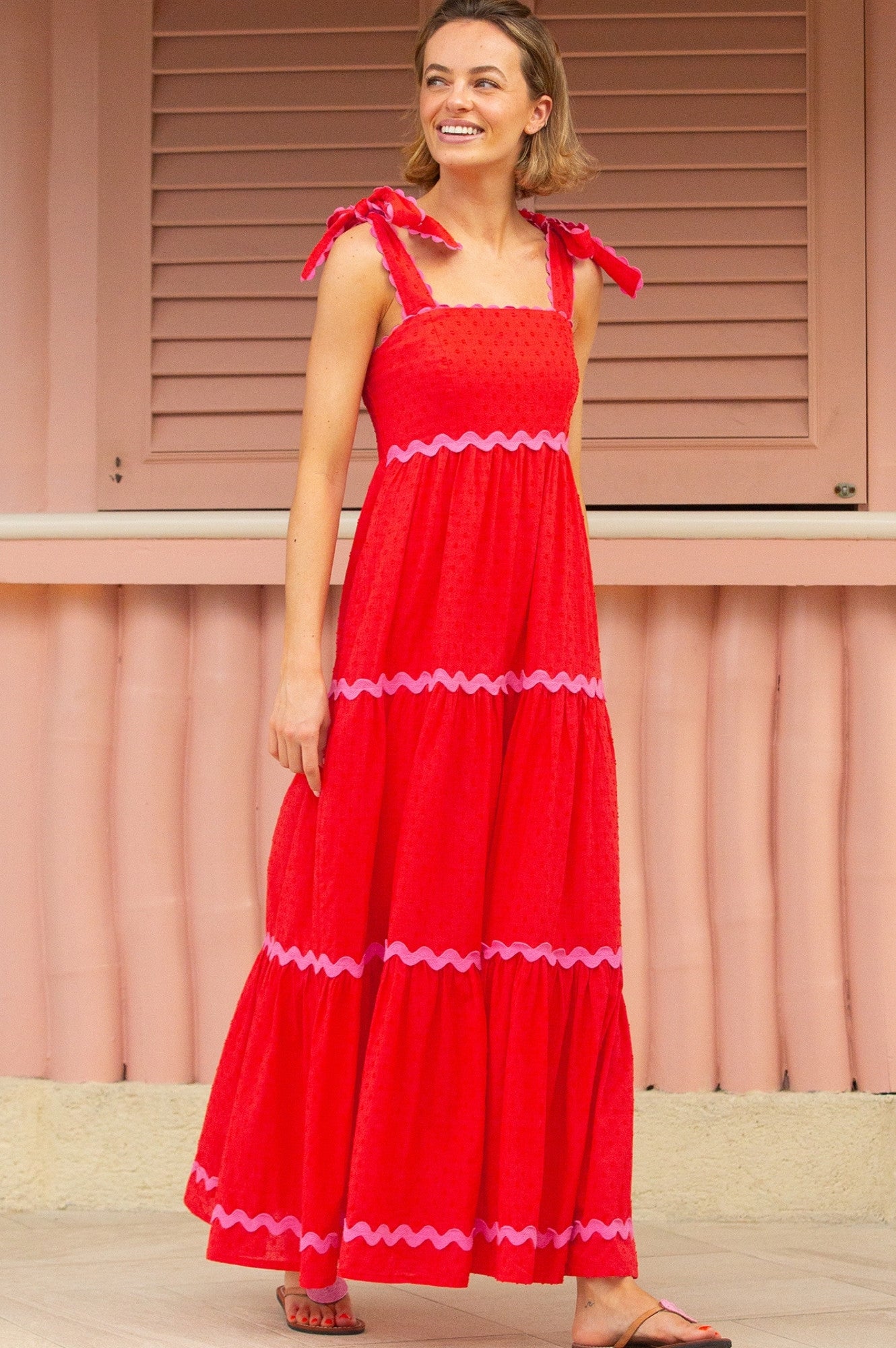 Tabitha Organic Cotton Dobby Ric Rac Dress | Red/Pink