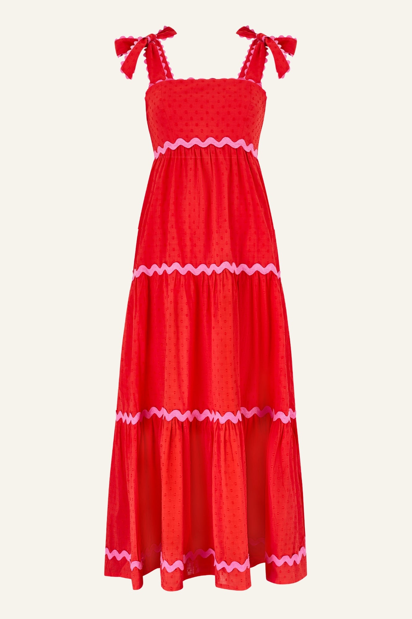 Tabitha Organic Cotton Dobby Ric Rac Dress | Red/Pink