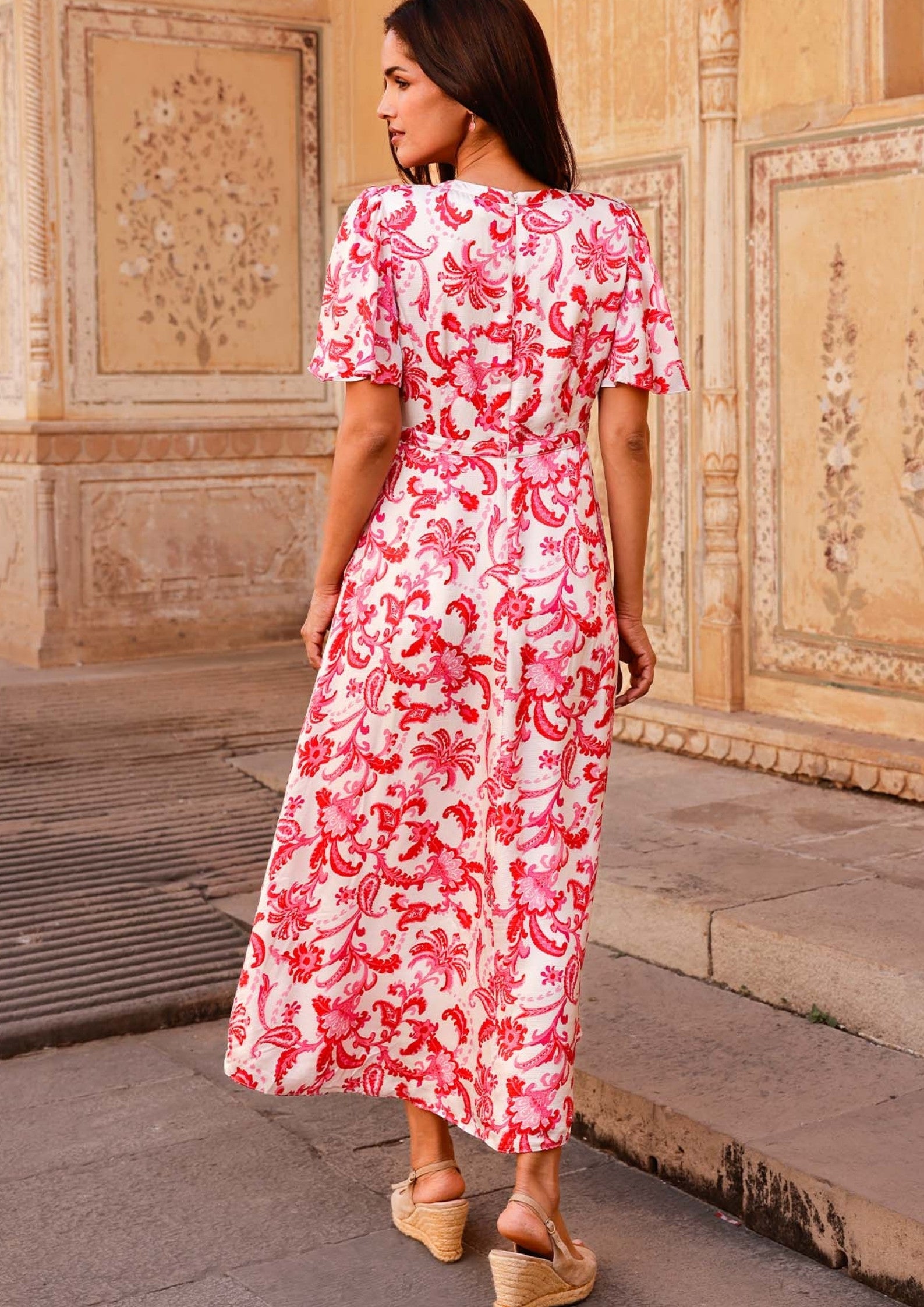 Anais Hammered Satin Dress | Paisley Floral Cream/Red/Pink