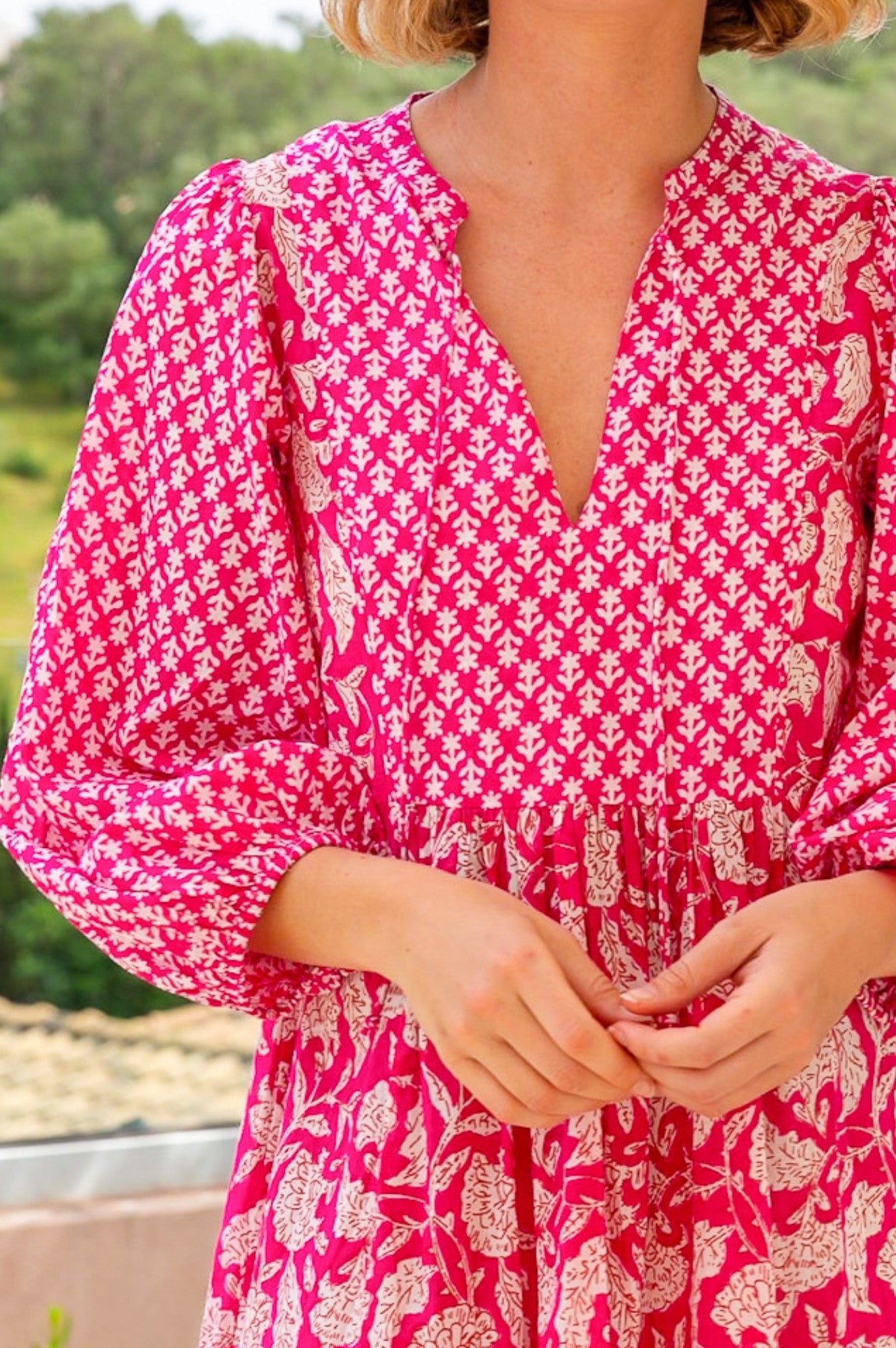 Marina Organic Cotton Print Mix Dress | Dianthus Print Pink/White