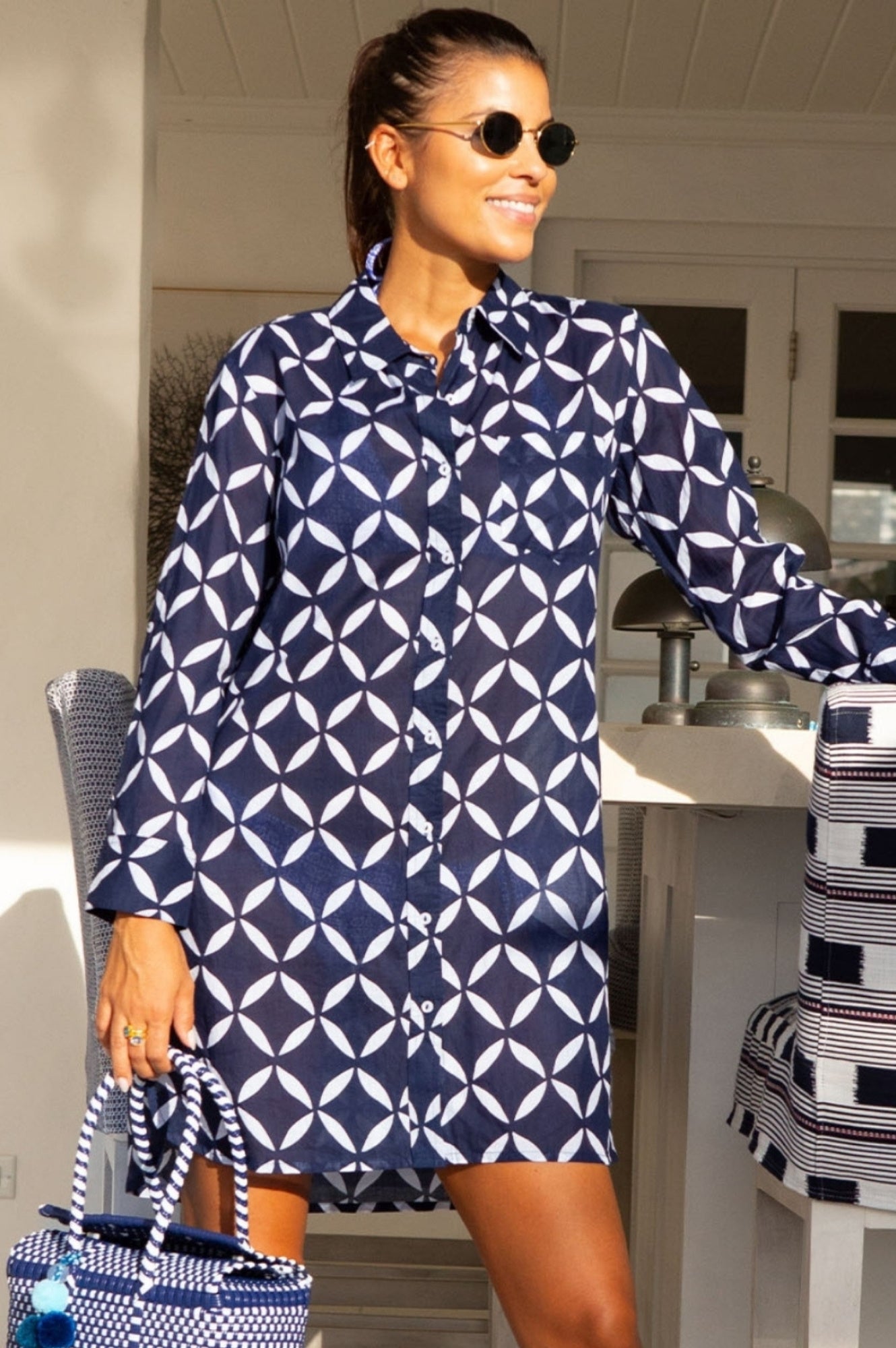 Saffron Organic Cotton Beach Shirt | Shibori Navy/White
