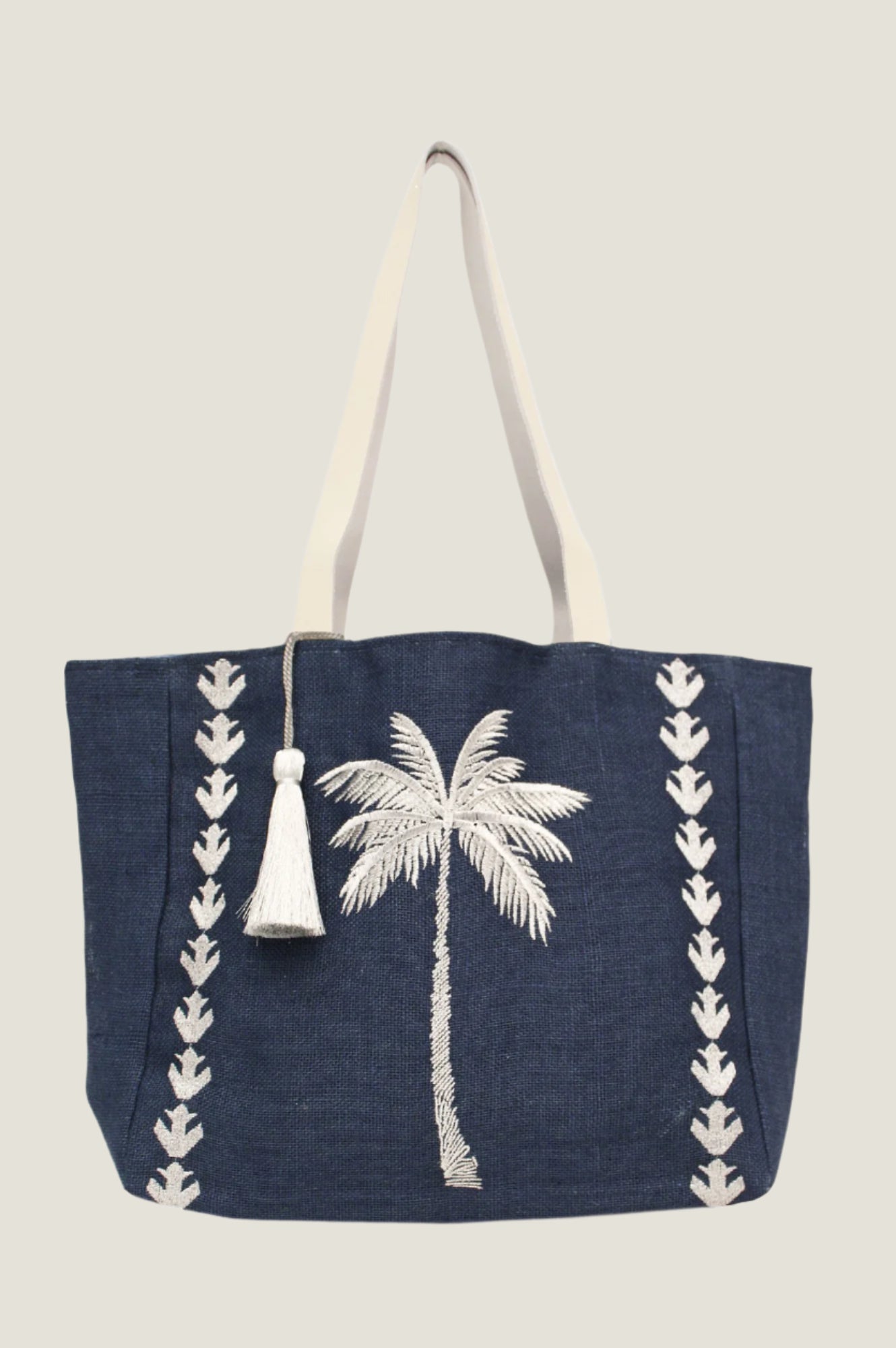 Palm Tree Jute Beach Bag | Navy/Silver
