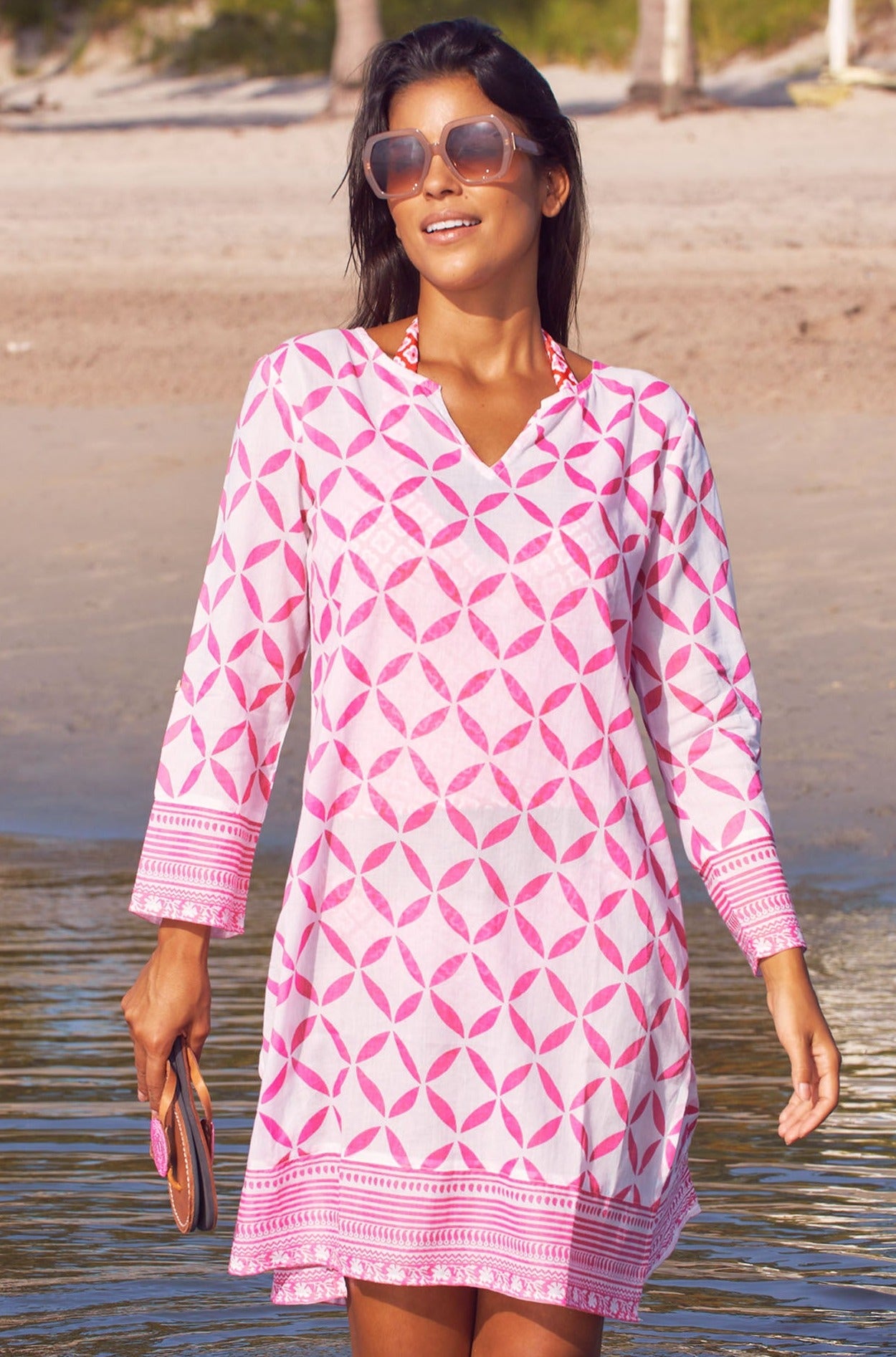 Guadalupe Short Organic Cotton Tunic | Shibori White/Pink