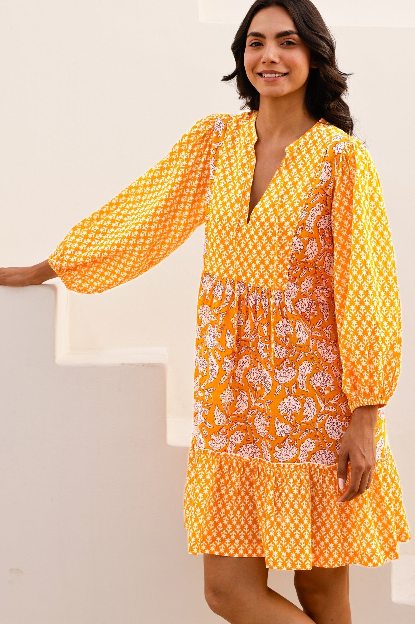 Marina Organic Cotton Print Mix Dress | Dianthus Print Yellow/White