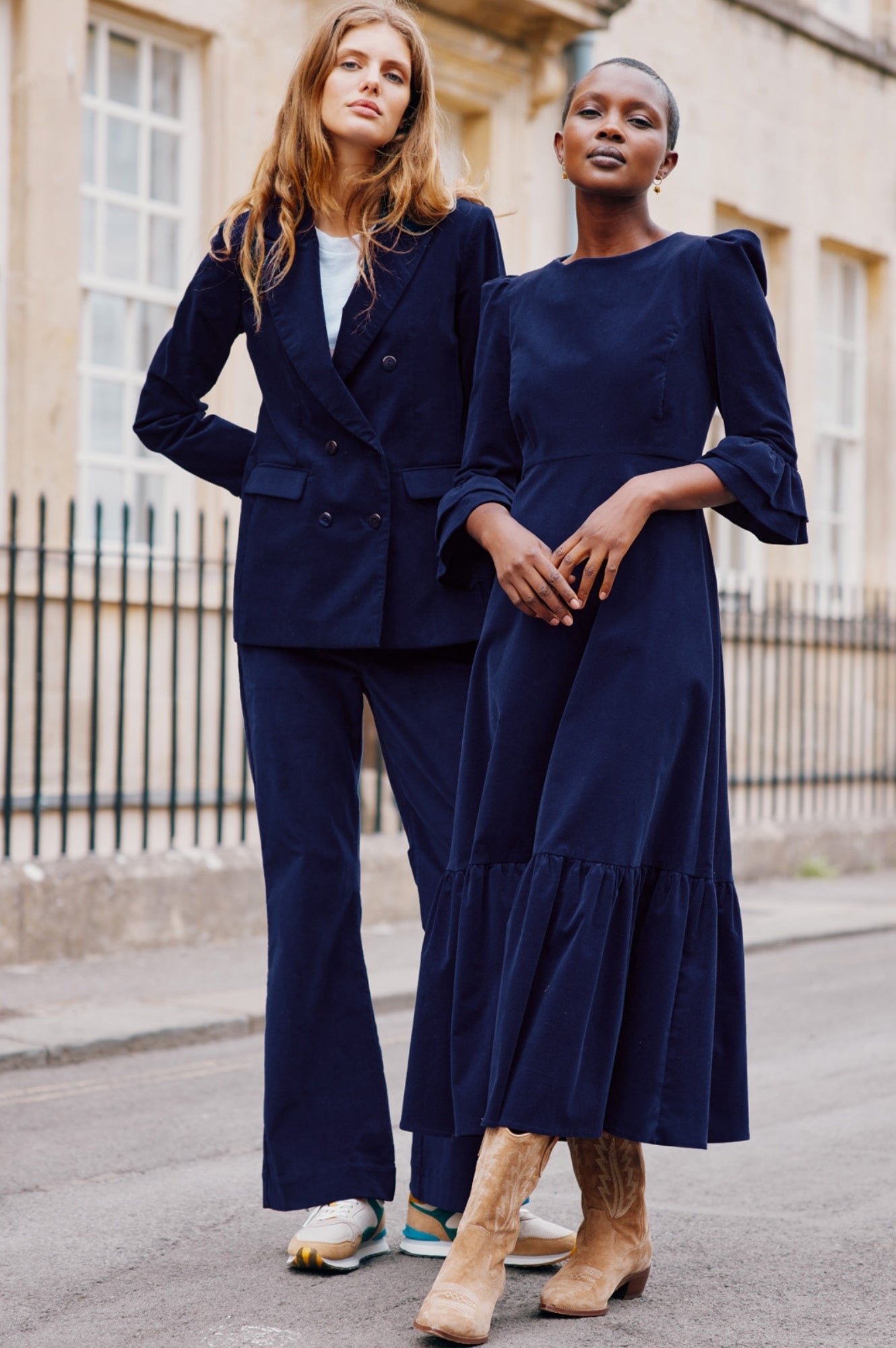 Victoria Round Neck 3/4 Sleeve Stretch Corduroy Dress | Atlantic Blue
