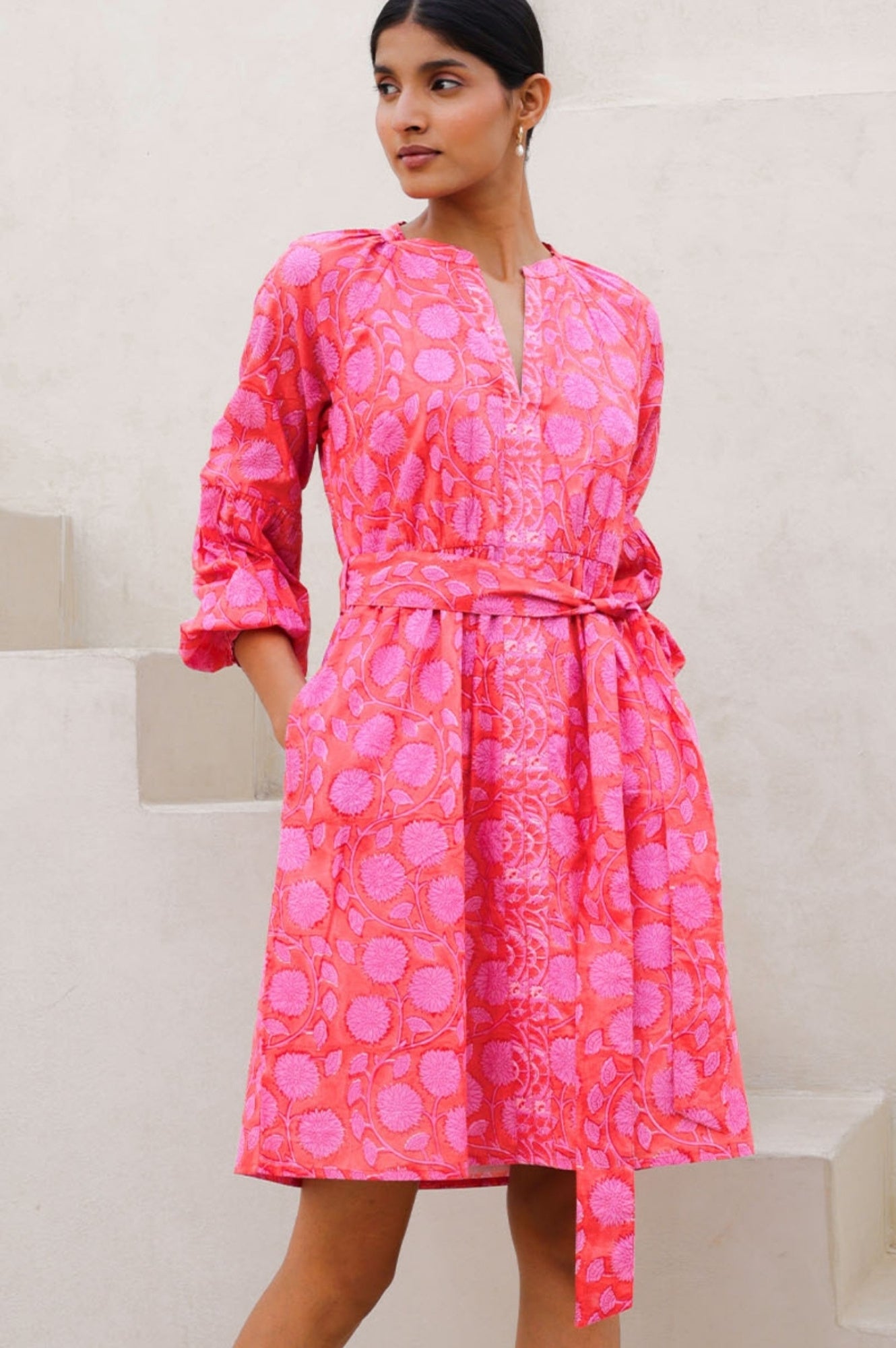 Cara Organic Cotton Block Print Short Dress | Mara Red/Pink
