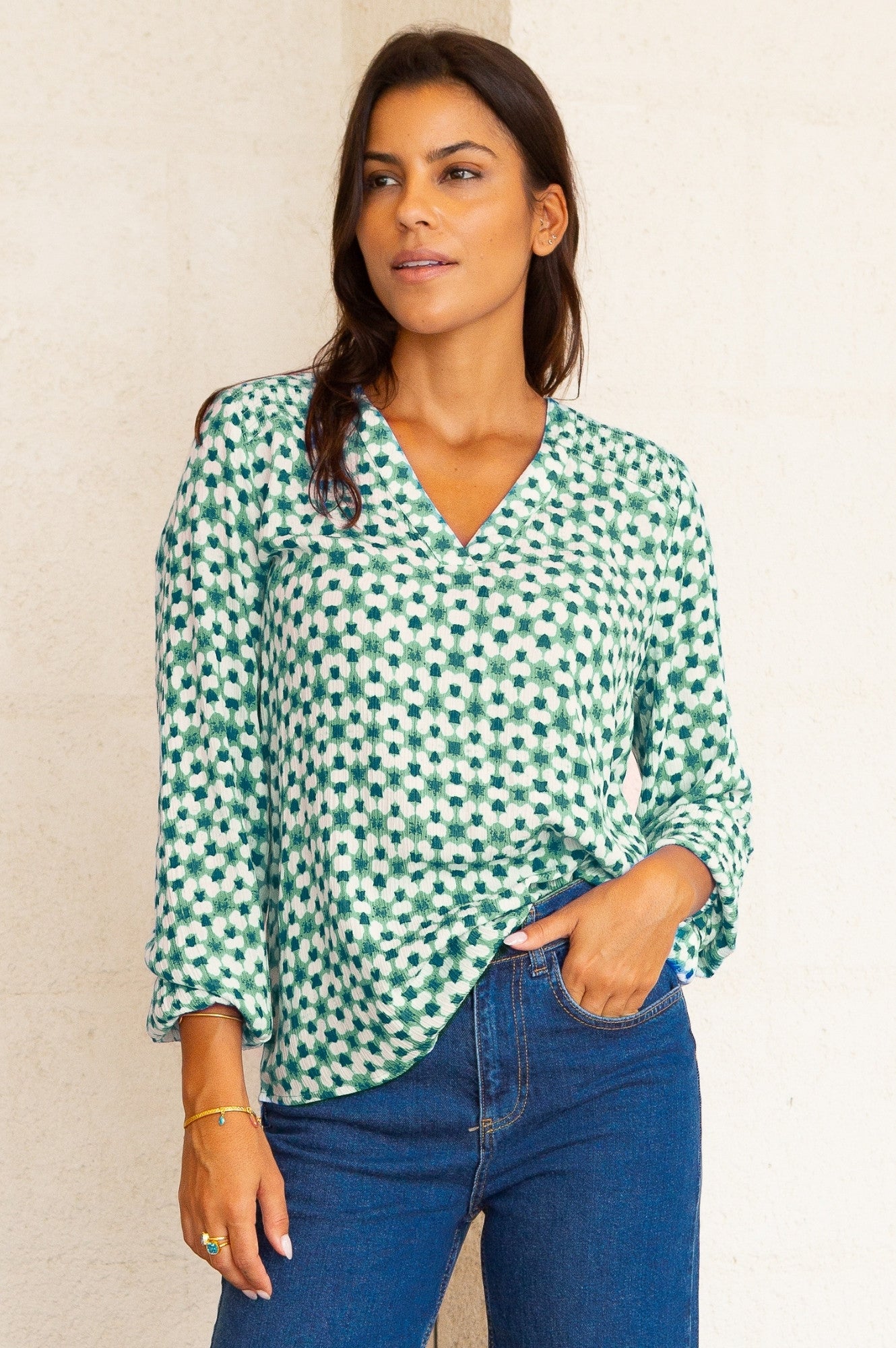 Clea Blouse | Maui Green/White