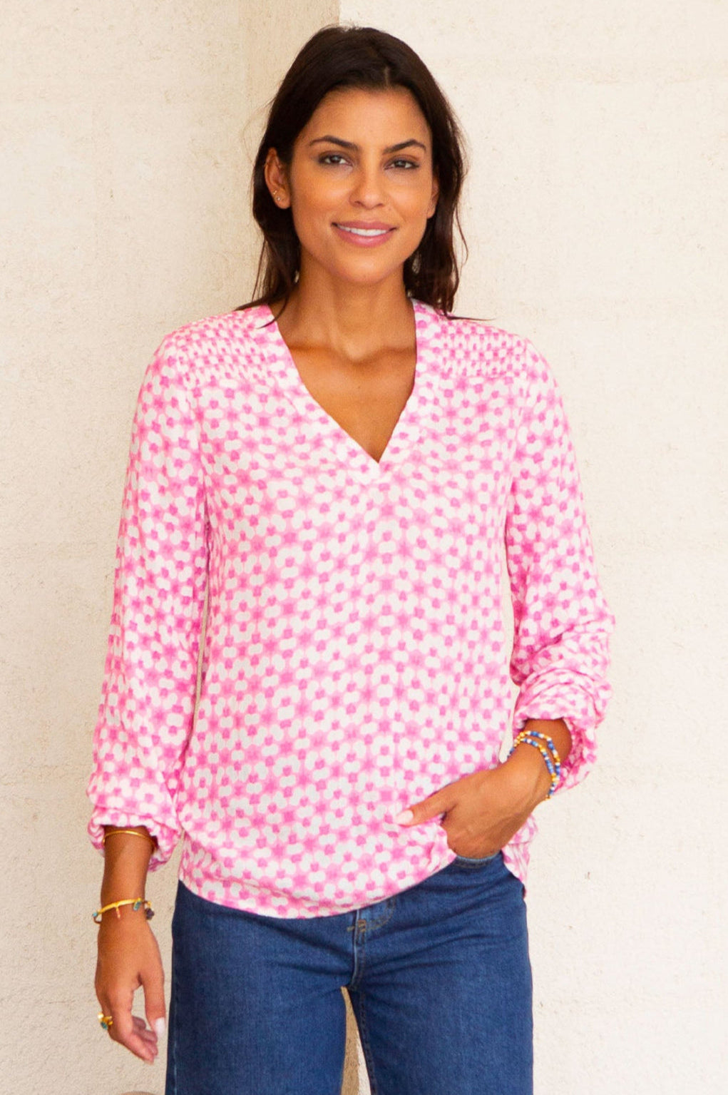 Clea Blouse | Maui Pink/White