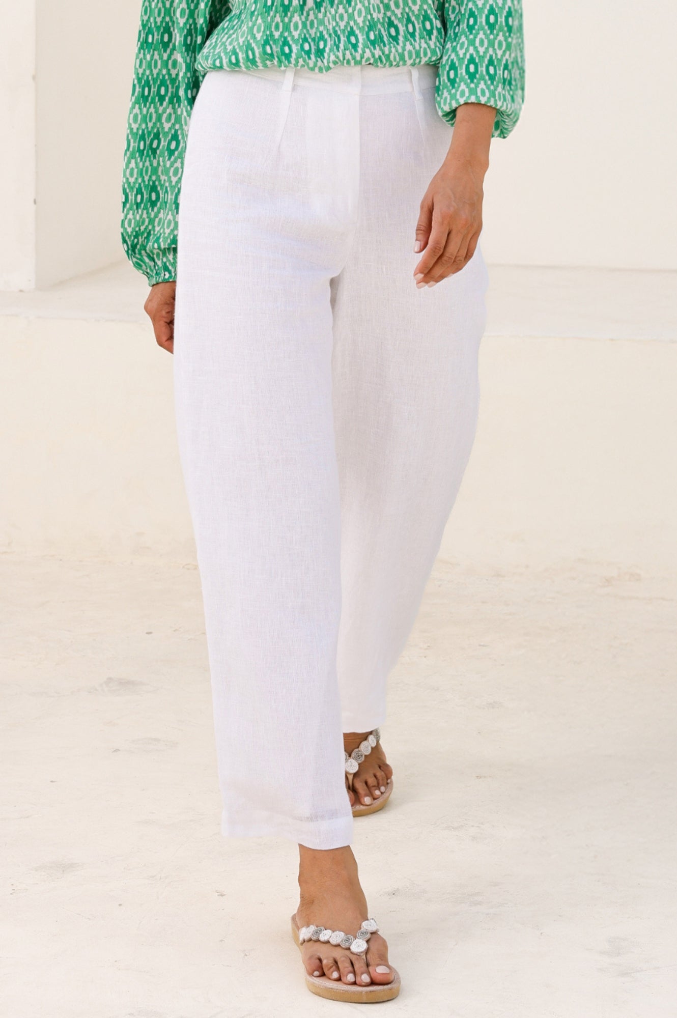 Wide Leg Linen Cropped Trousers | White
