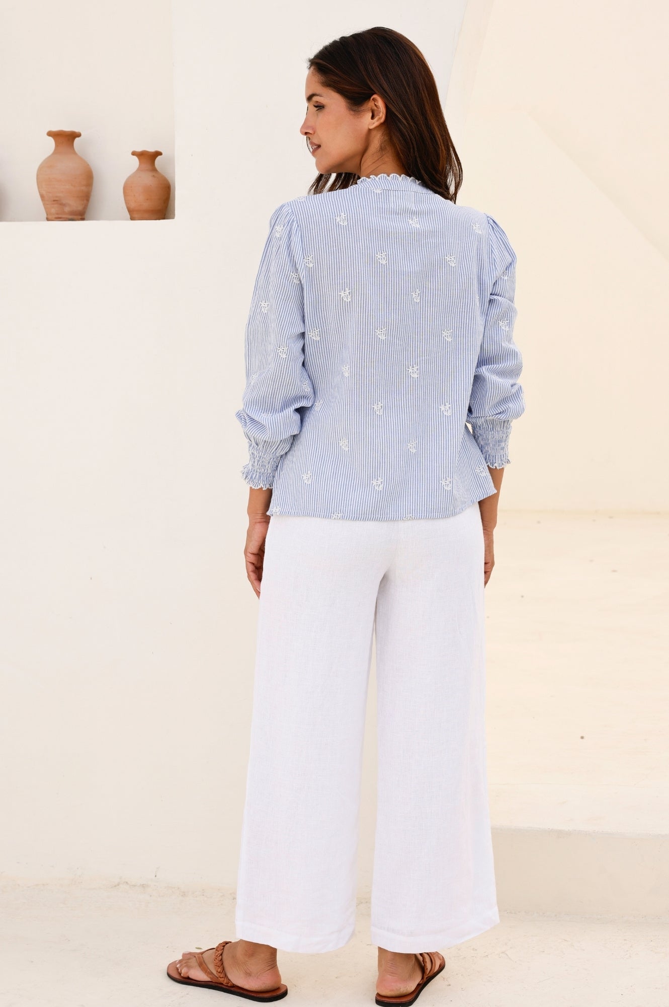Wide Leg Linen Cropped Trousers | White