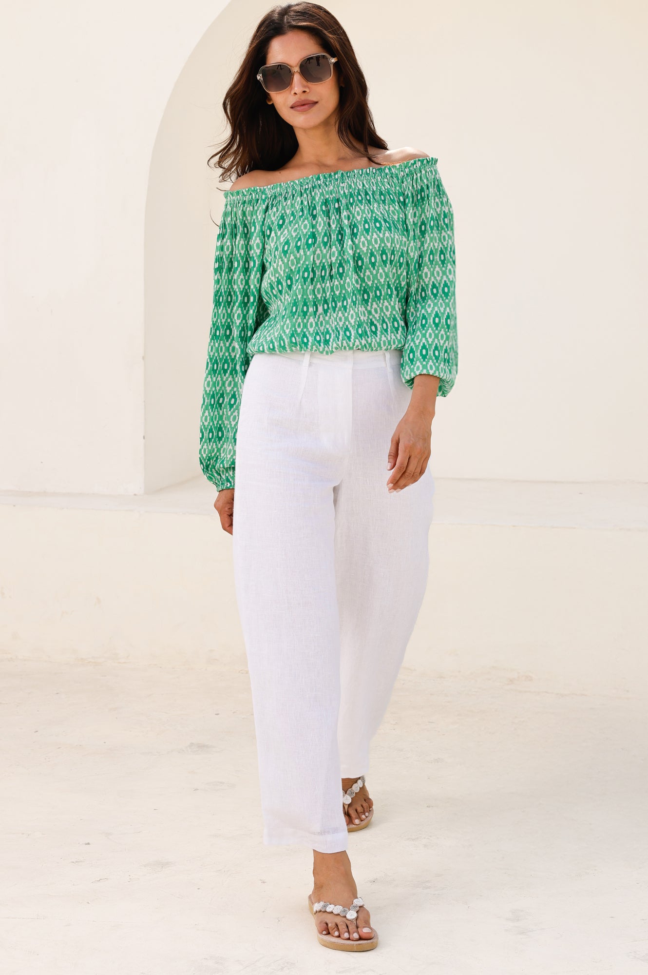 Wide Leg Linen Cropped Trousers | White