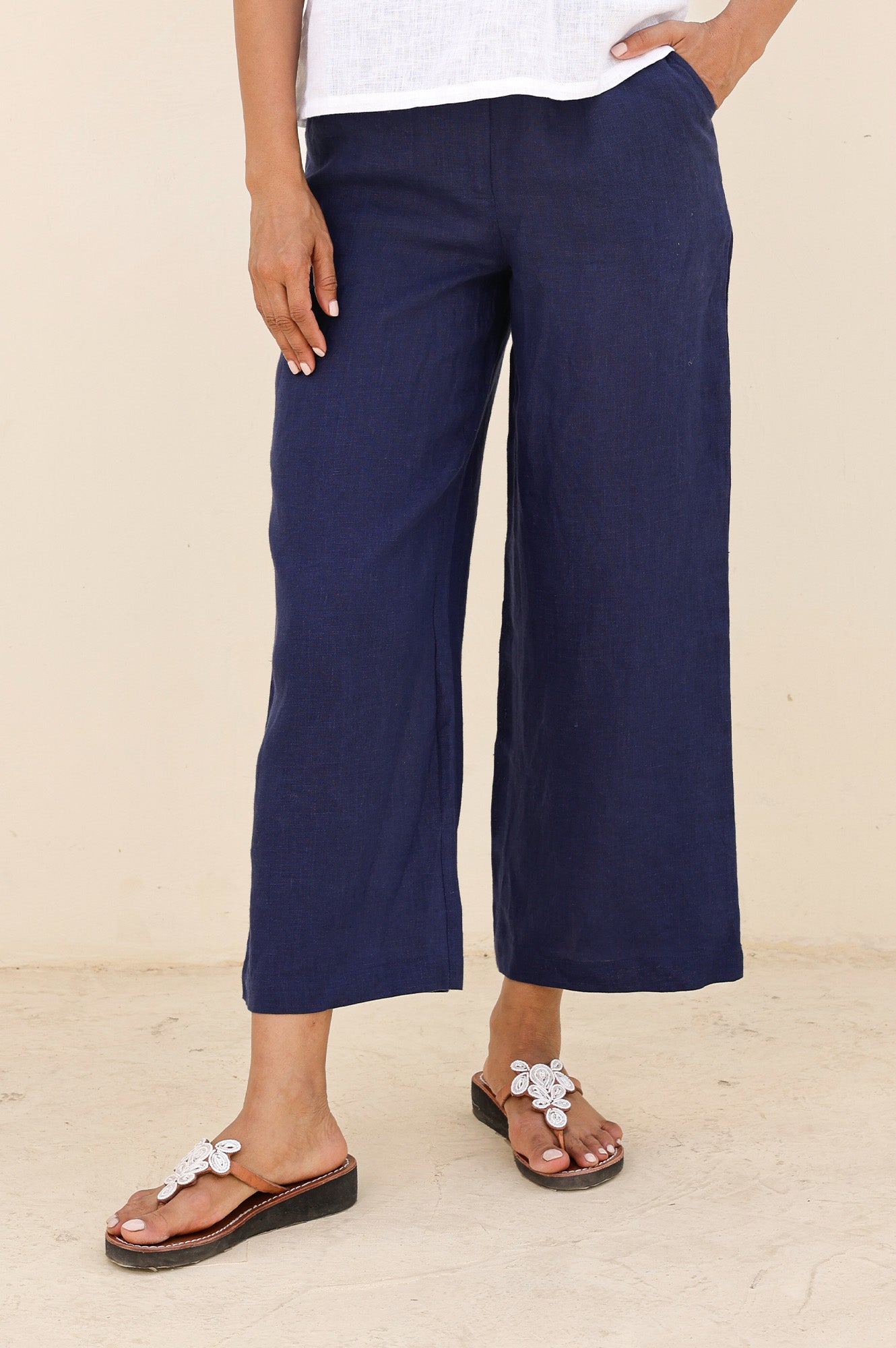 Wide Leg Linen Cropped Trousers | Navy