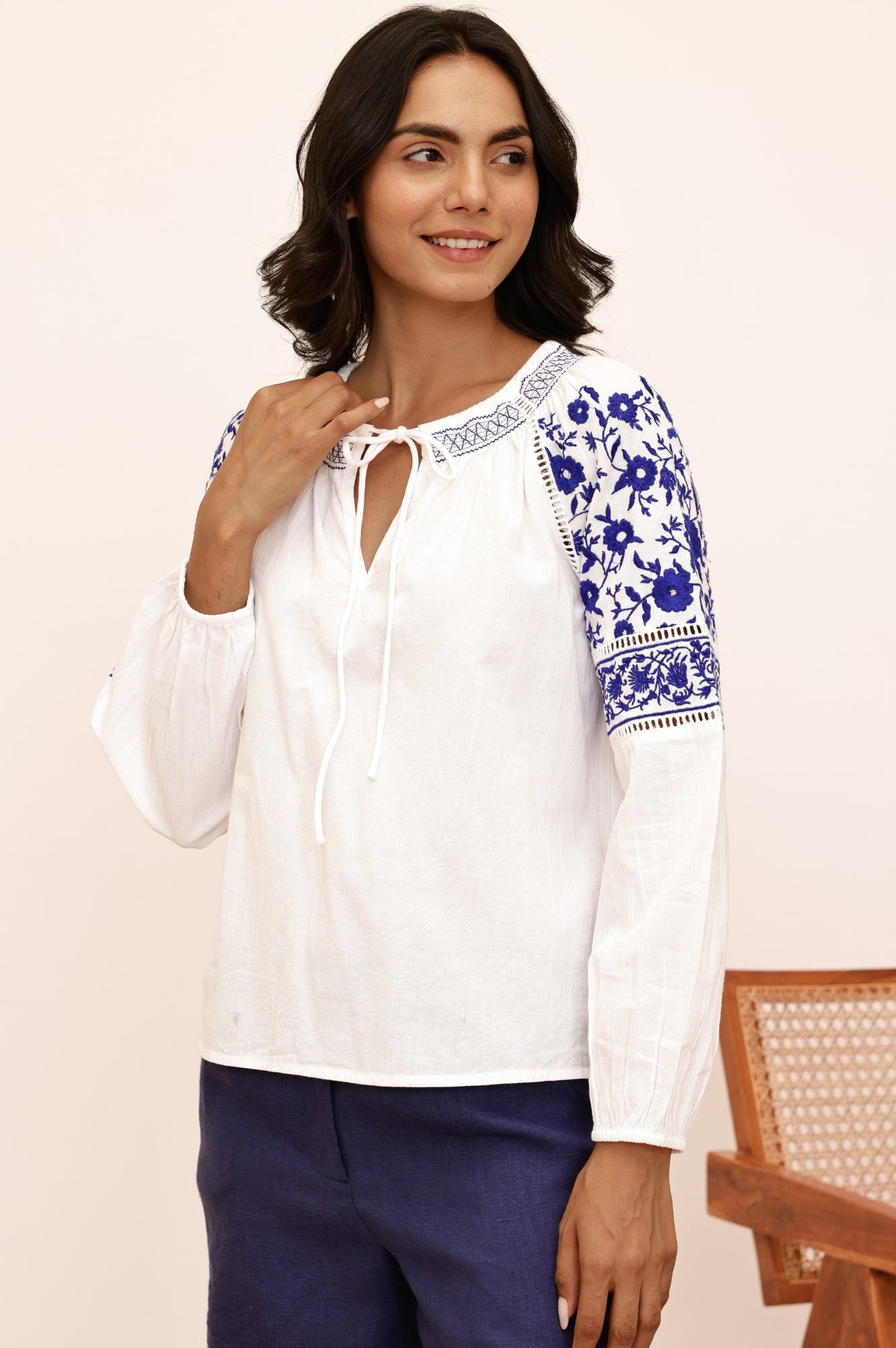 Ida Embroidered Top | White/Cobalt