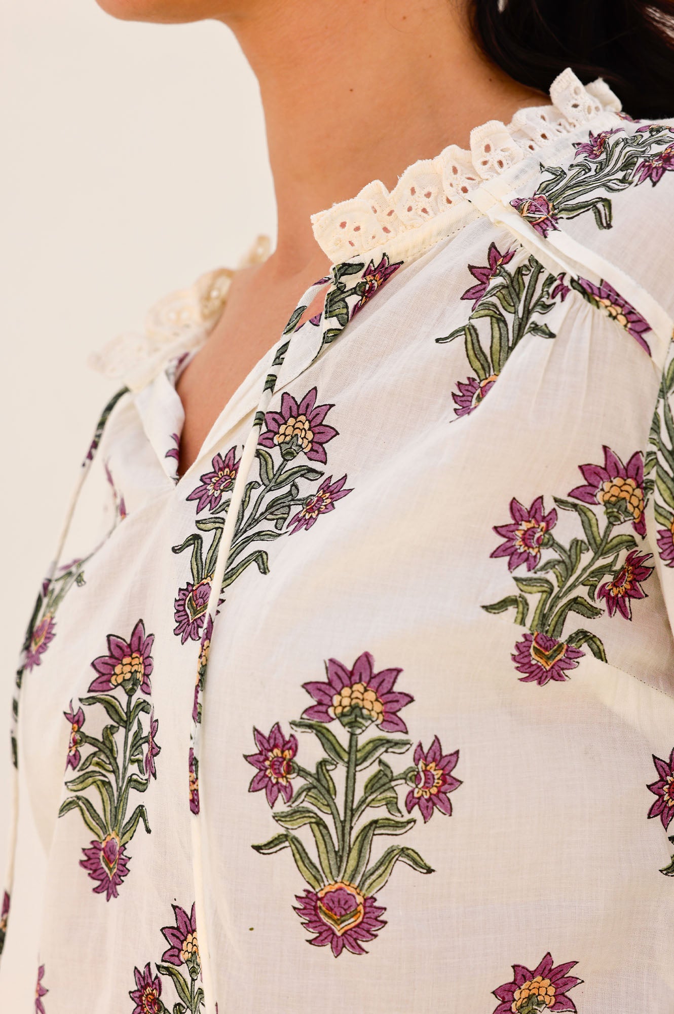 Rosie Organic Cotton Block Print Blouse | Antique Wildflower Cream/Red/Green