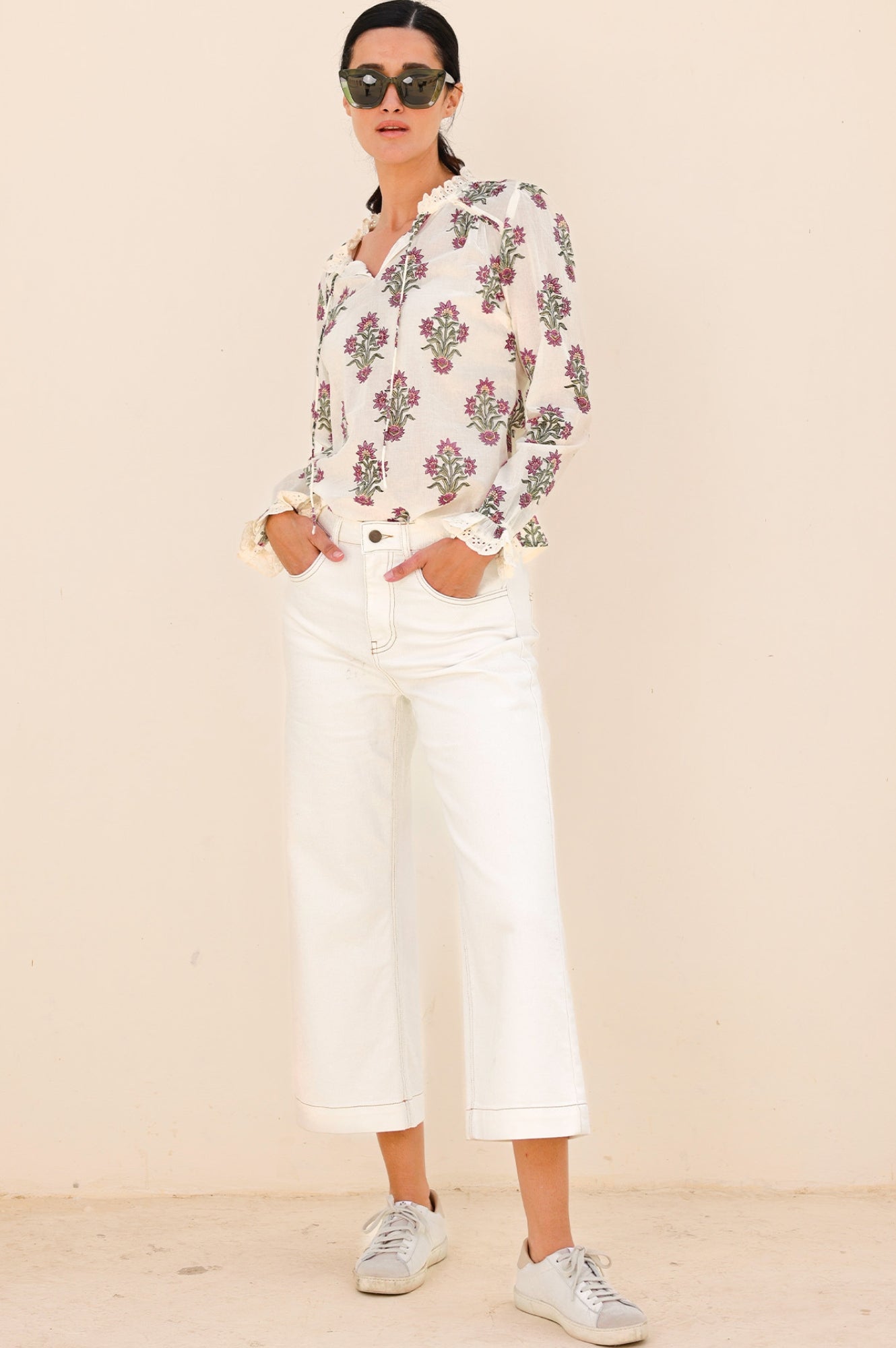 Rosie Organic Cotton Block Print Blouse | Antique Wildflower Cream/Red/Green