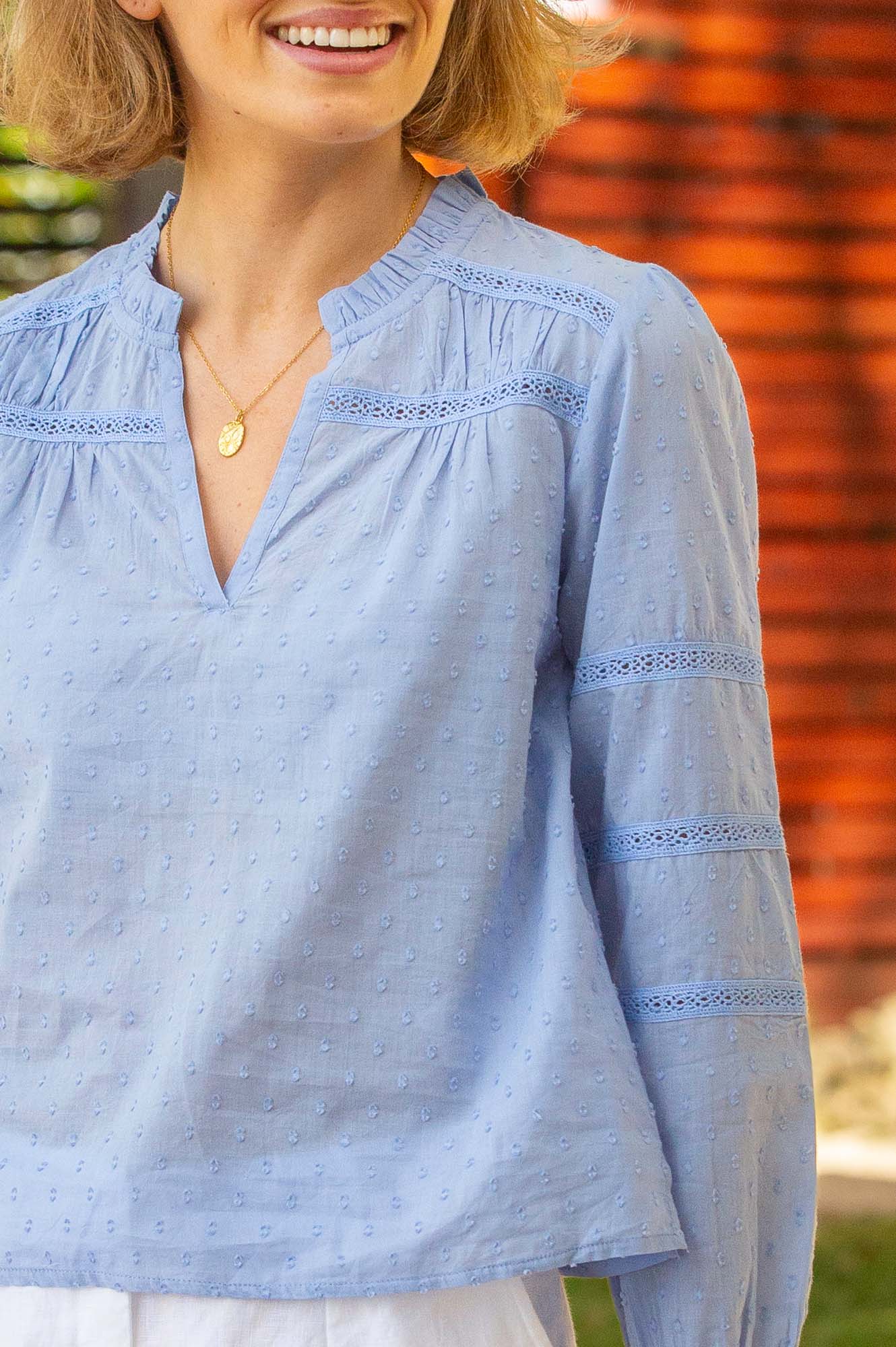 Palma Organic Cotton Dobby Long Sleeve Blouse | Baby Blue