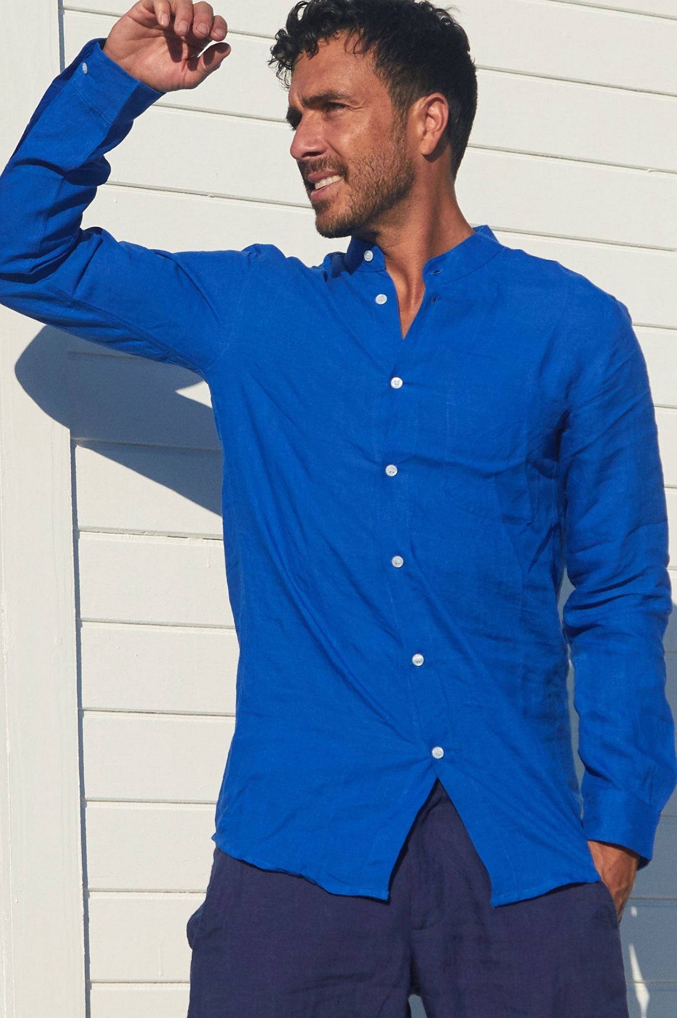 Men's Nehru Collar Linen Shirt | Cobalt Blue