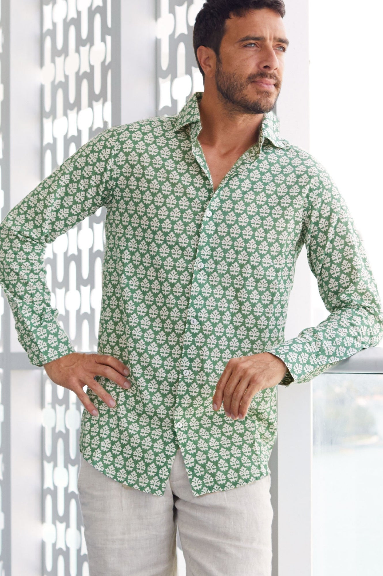 Men's Printed Cotton Shirt | Batik Khaki