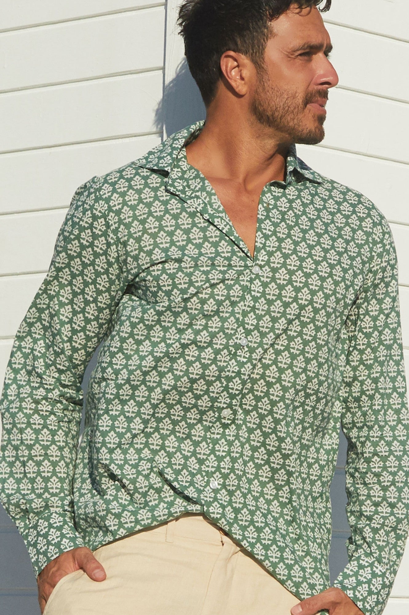 Men's Printed Cotton Shirt | Batik Khaki