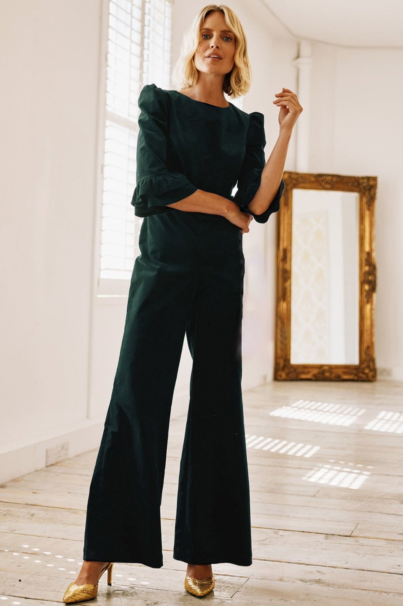 Victoria 3/4 Sleeve Stretch Corduroy Jumpsuit | Bottle Green