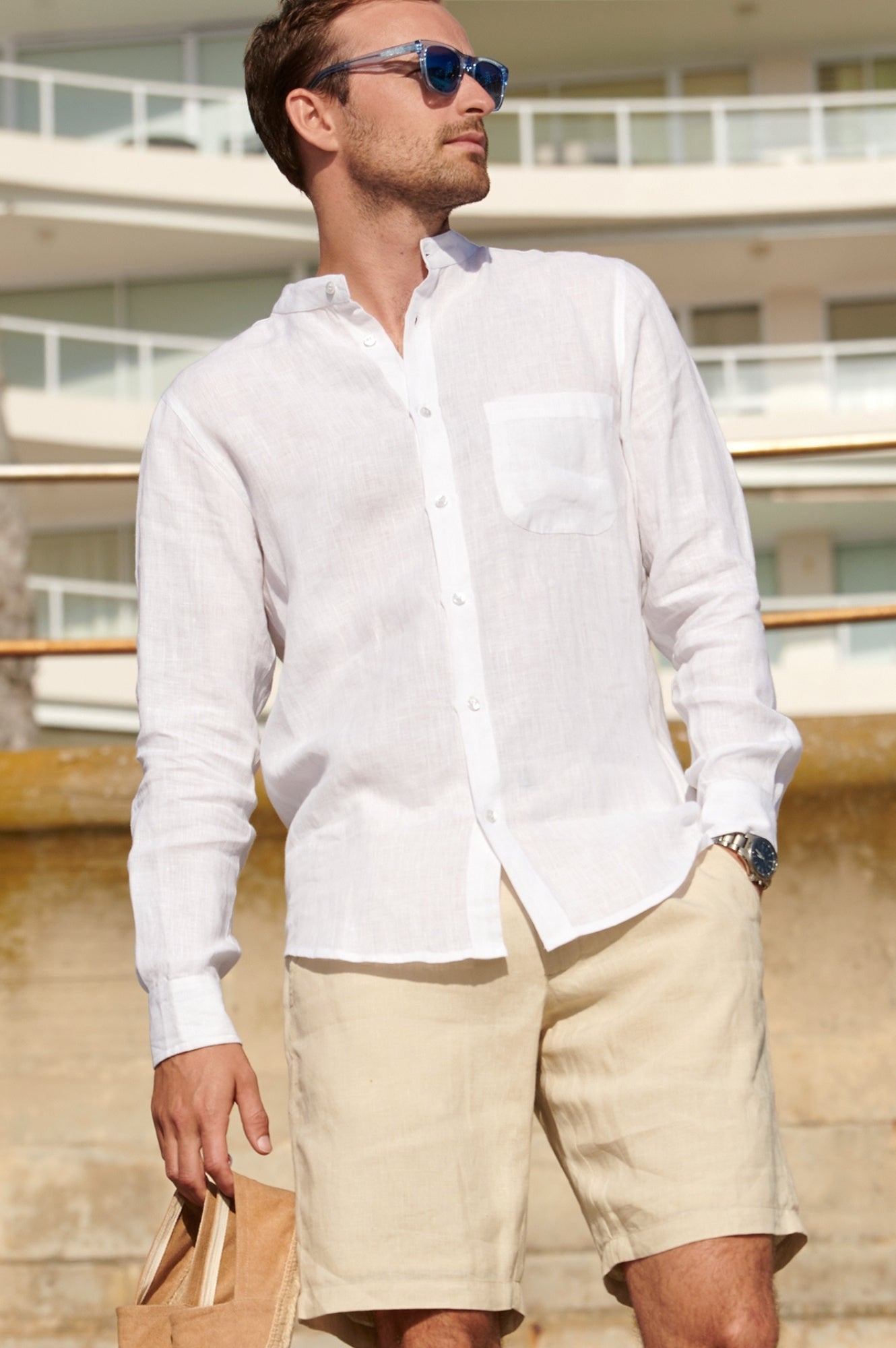 Men's Nehru Collar Linen Shirt | White
