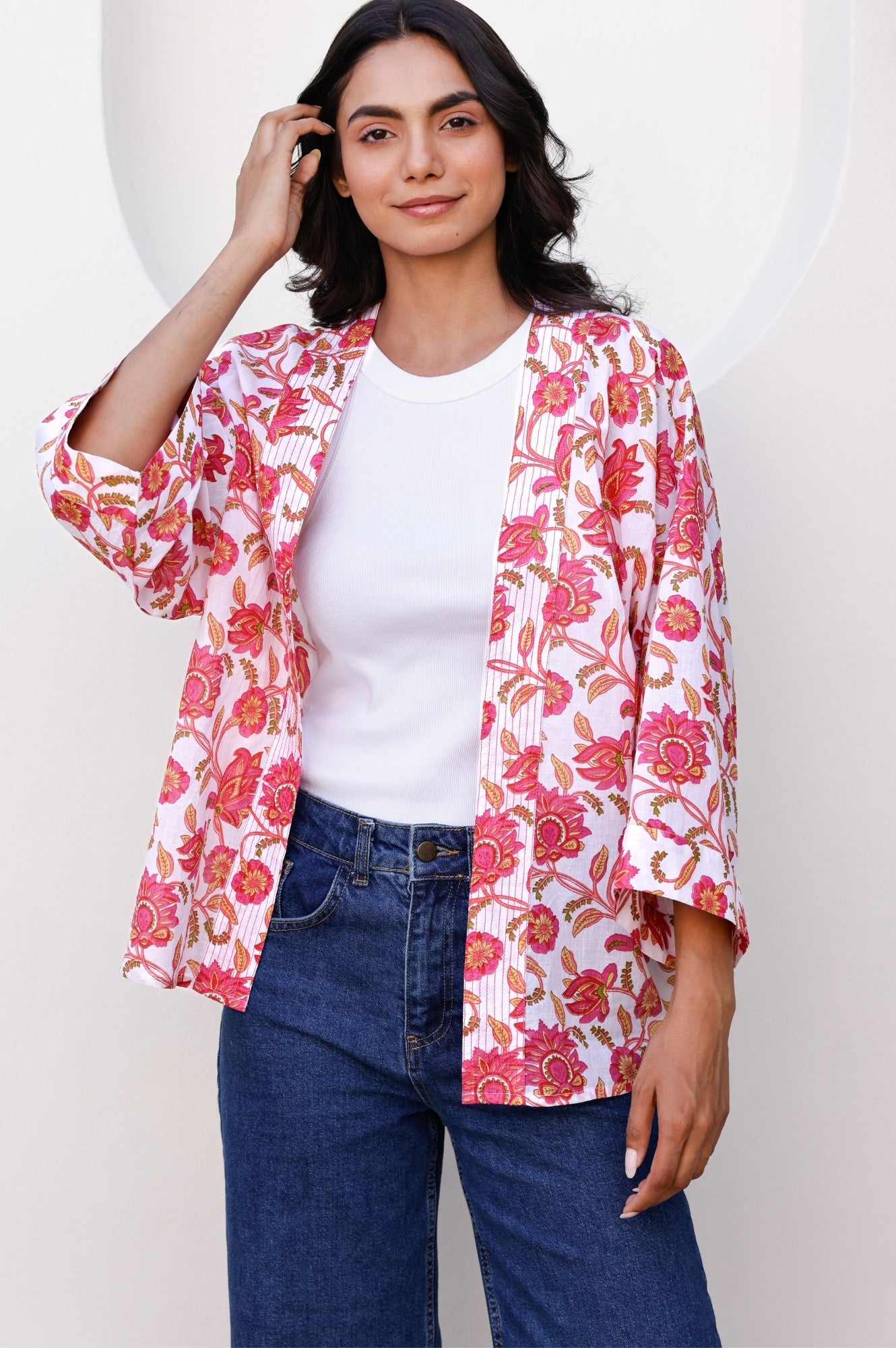 Printed Kimono Jacket | Hot Flower Pink