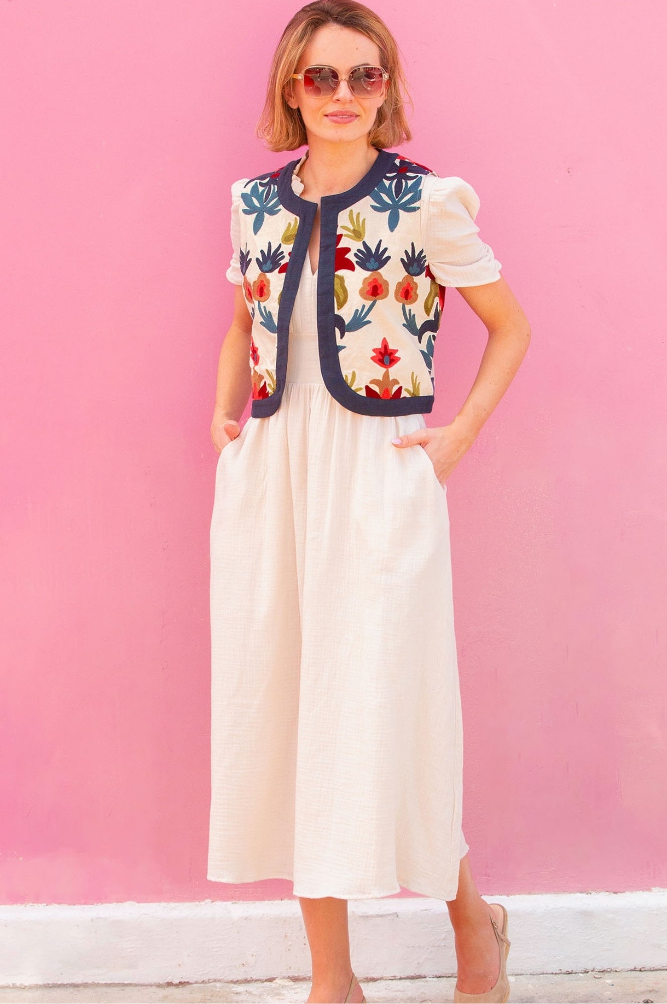 Pia Embroidered Gilet | Ecru/Multi