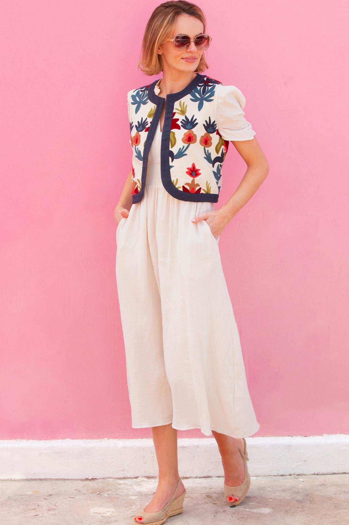 Pia Embroidered Gilet | Ecru/Multi