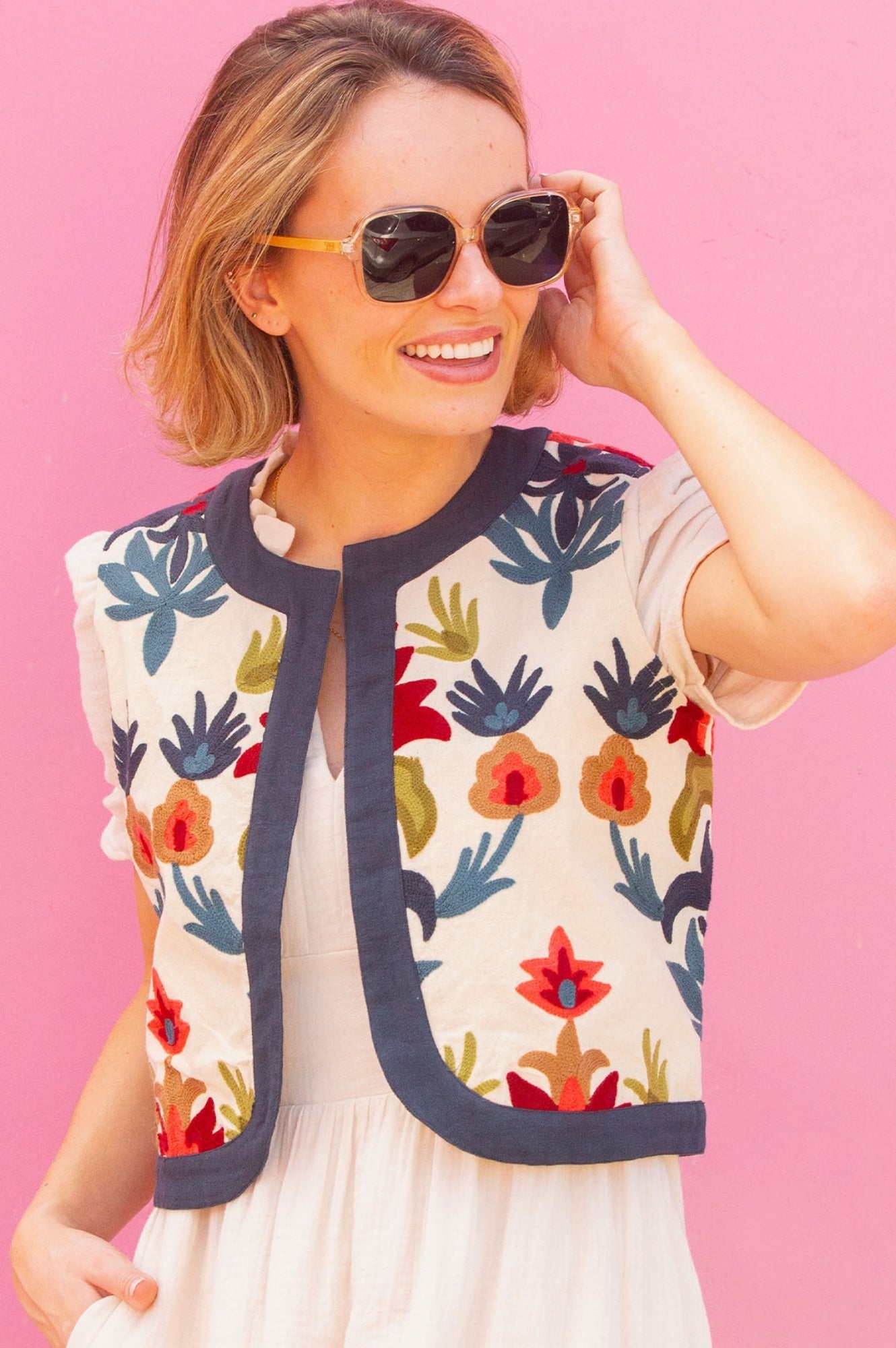 Pia Embroidered Gilet | Ecru/Multi