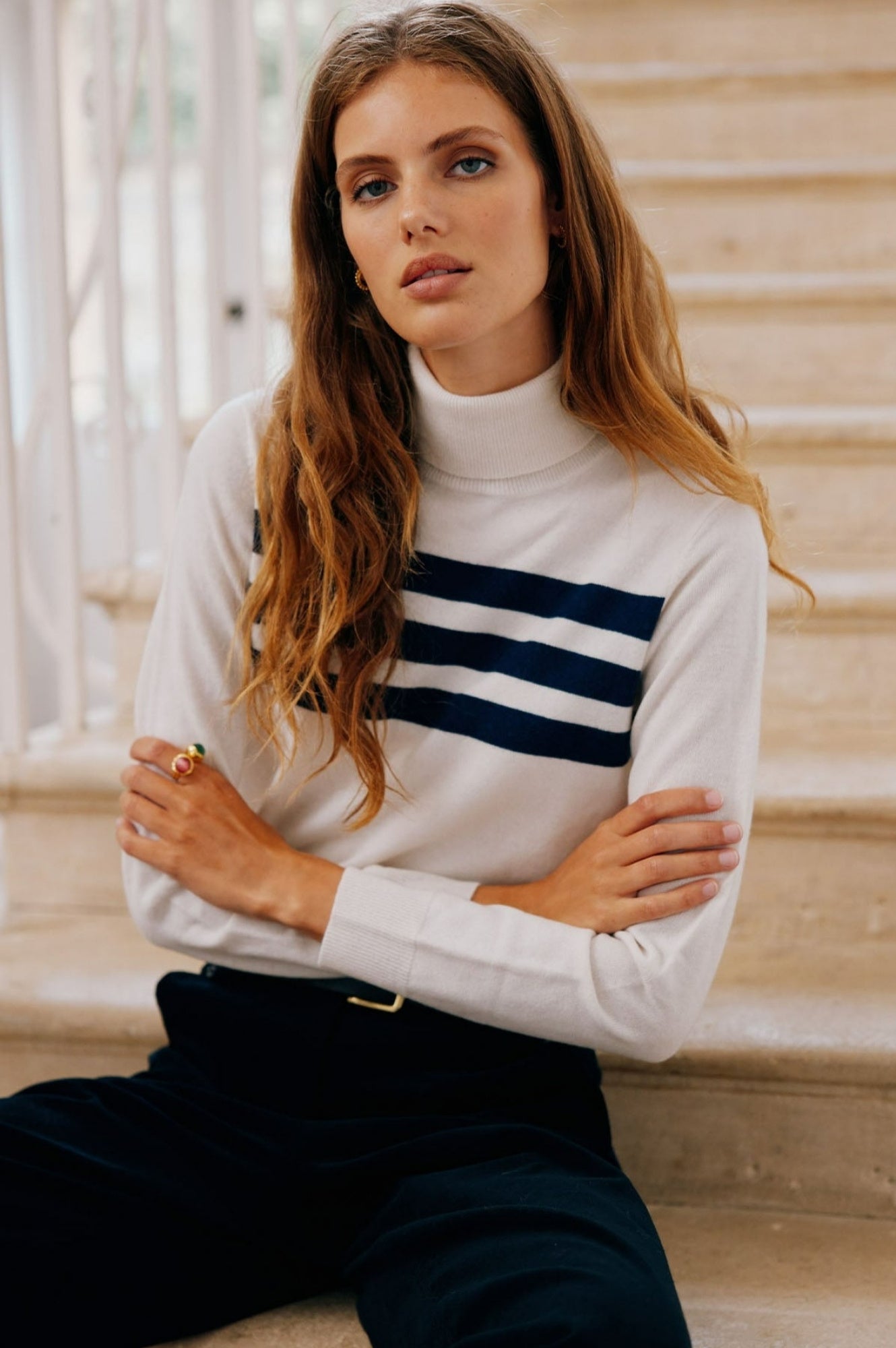 Merino Wool Striped Slim Fit Polo Neck | Cream/Navy