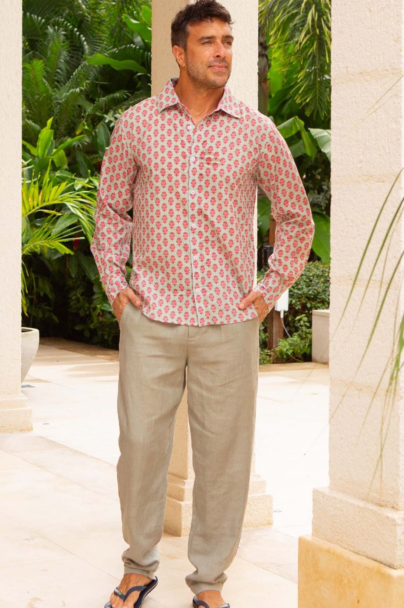 Men's Printed Cotton Shirt | Azalea Khaki/Pink
