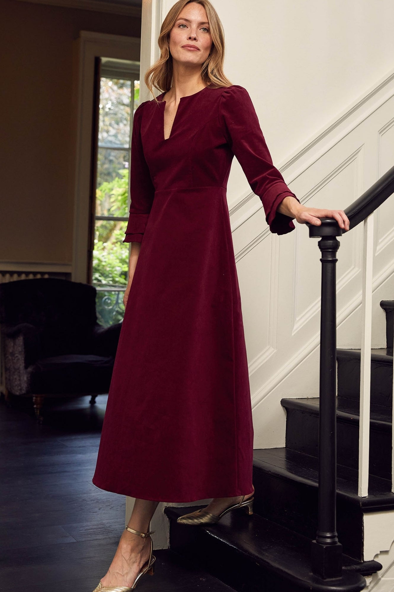 Jocelyn V-Neck 3/4 Sleeve Stretch Corduroy Dress | Wine