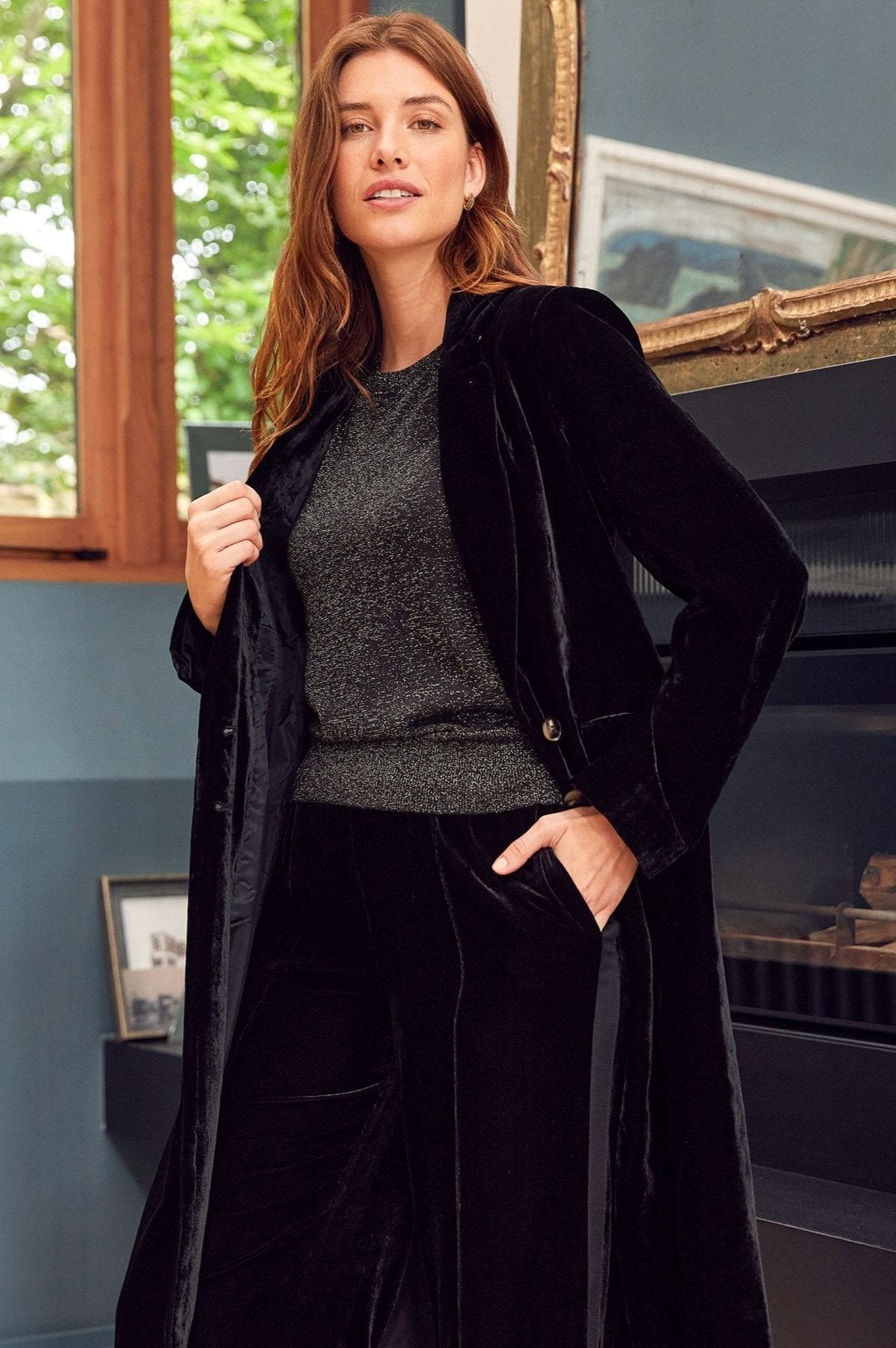 Velvet Opera Coat With Detachable Fur | Black