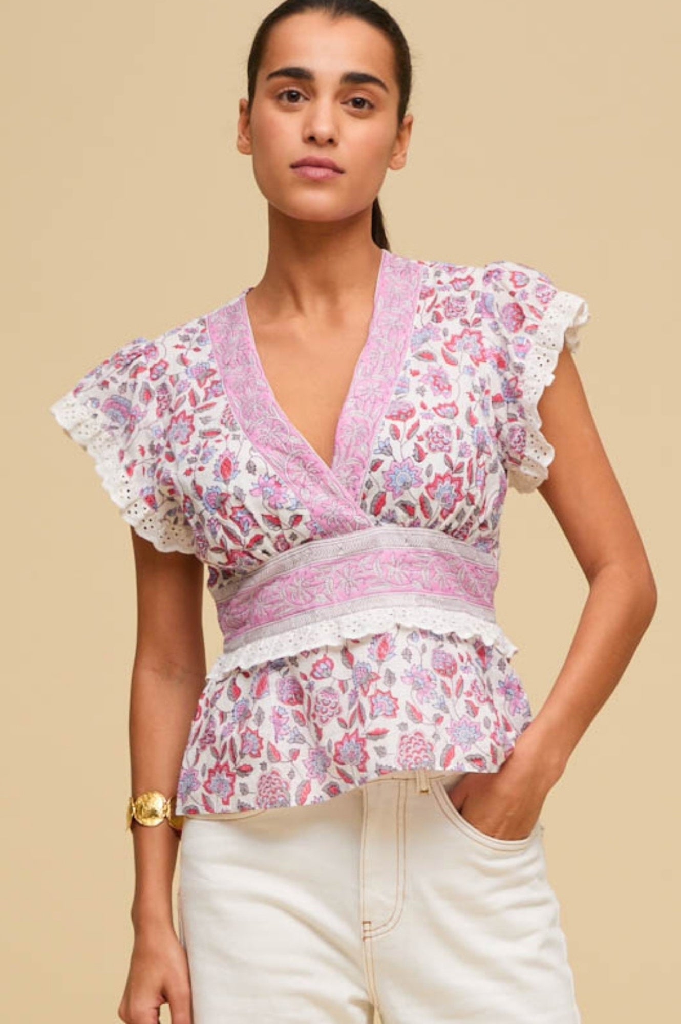 Pippa Block Print Top | Garden Jaal White/Pink